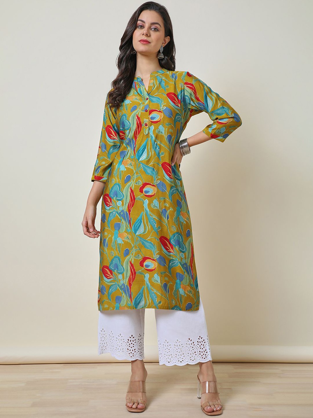 

Soch Mustard Yellow Floral Printed Band Collar Straight Kurta