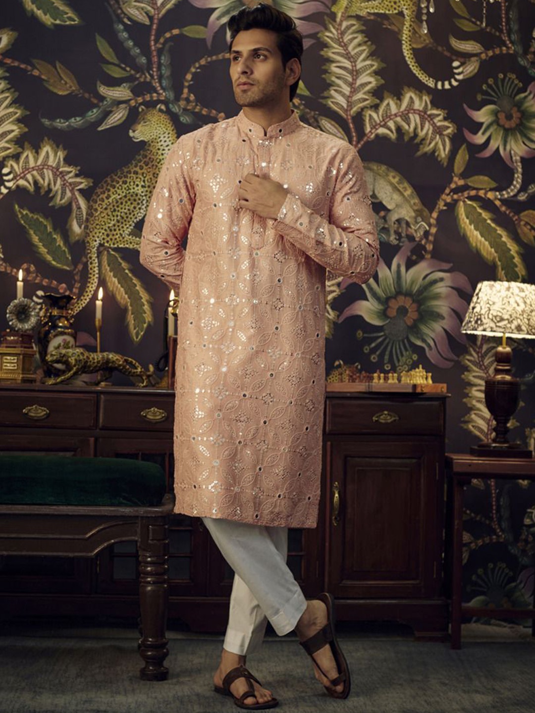 

KASBAH CLOTHING NISHCHAIY SAJDEH Ethnic Motifs Embroidered Silk Straight Kurta, Peach