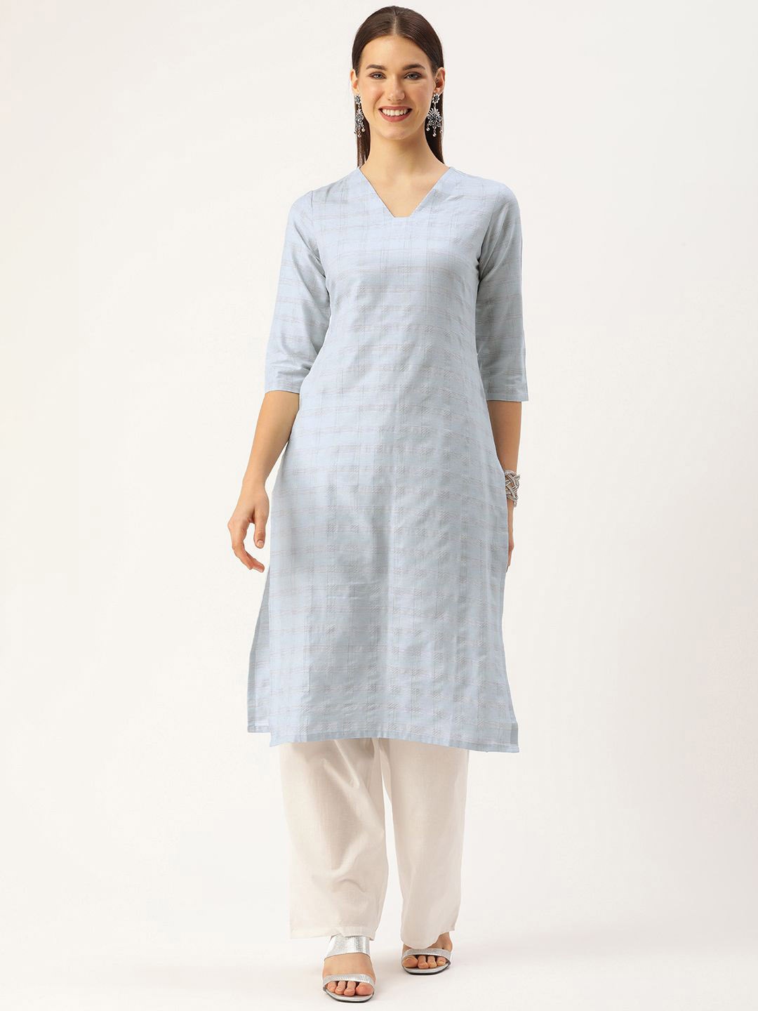 

Shaily Checked Thread Work Cotton Straight Kurta, Blue