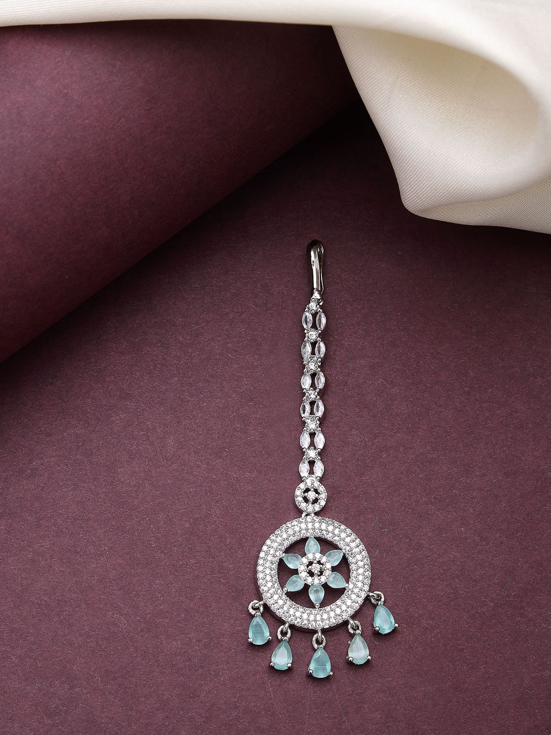 

ZENEME Silver-Plated American Diamond Studded Maang Tikka