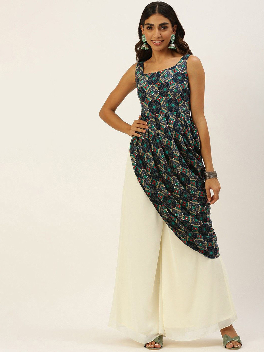 

Ethnovog Ethnic Motifs Printed Asymmetric Kurta With Palazzos, Blue