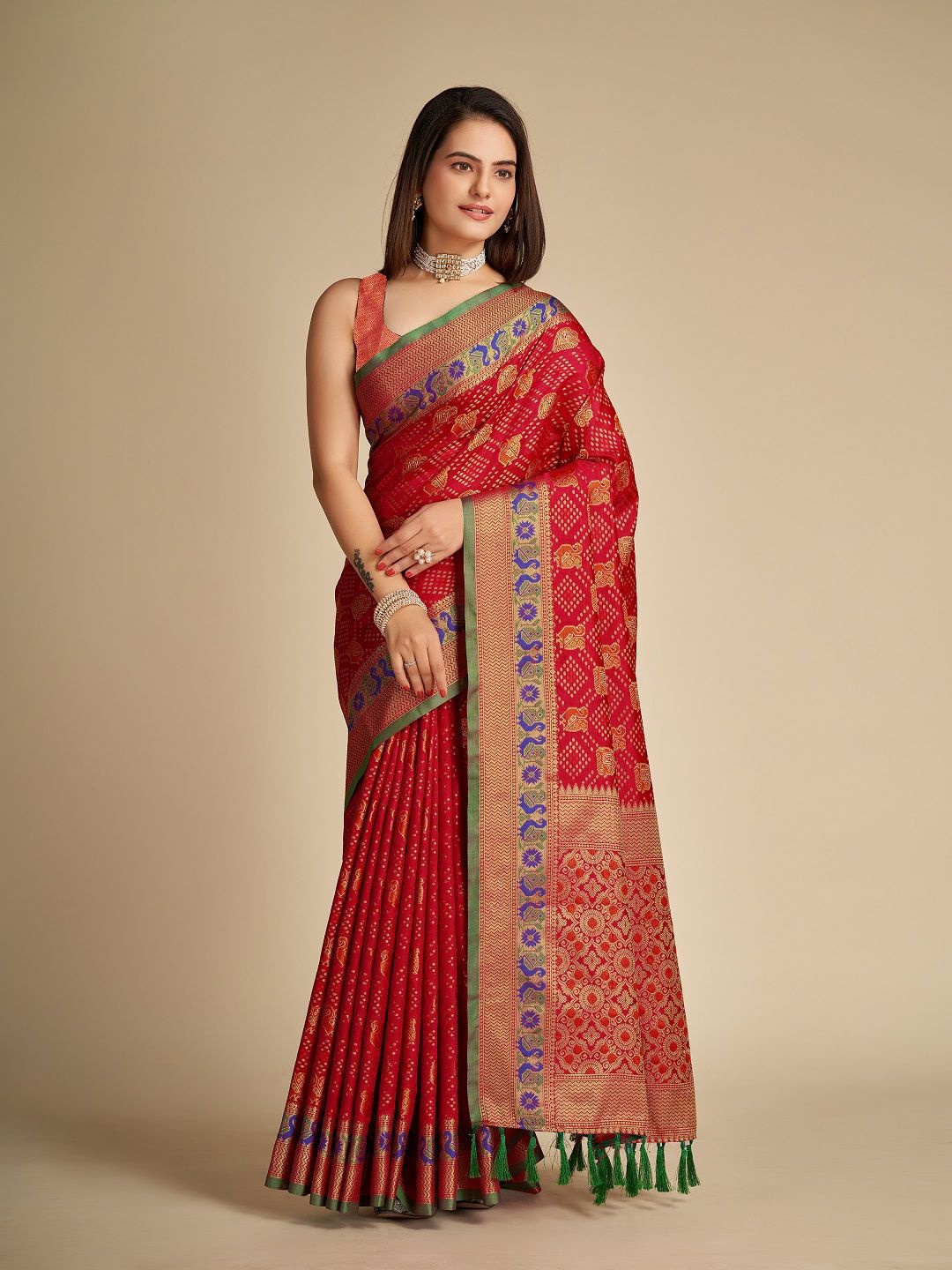 

SHOBHA SAREES Ethnic Motifs Zari Pure Silk Patola Saree, Red