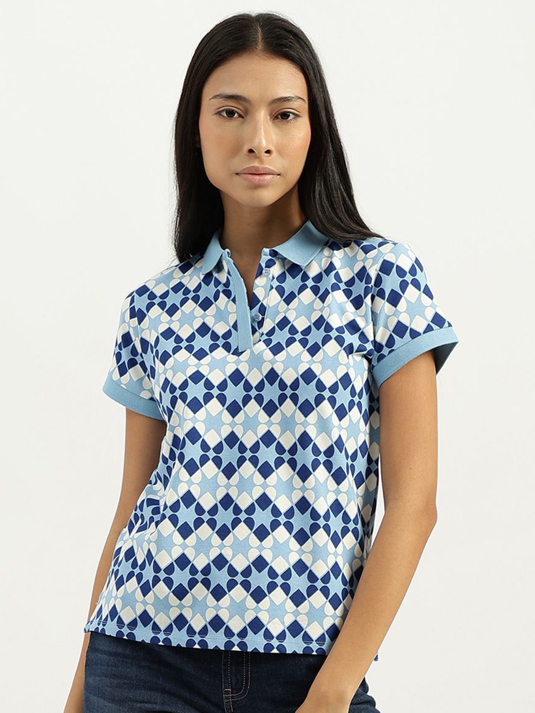 

United Colors of Benetton Women Abstract Printed Polo Collar Cotton T-Shirt, Blue