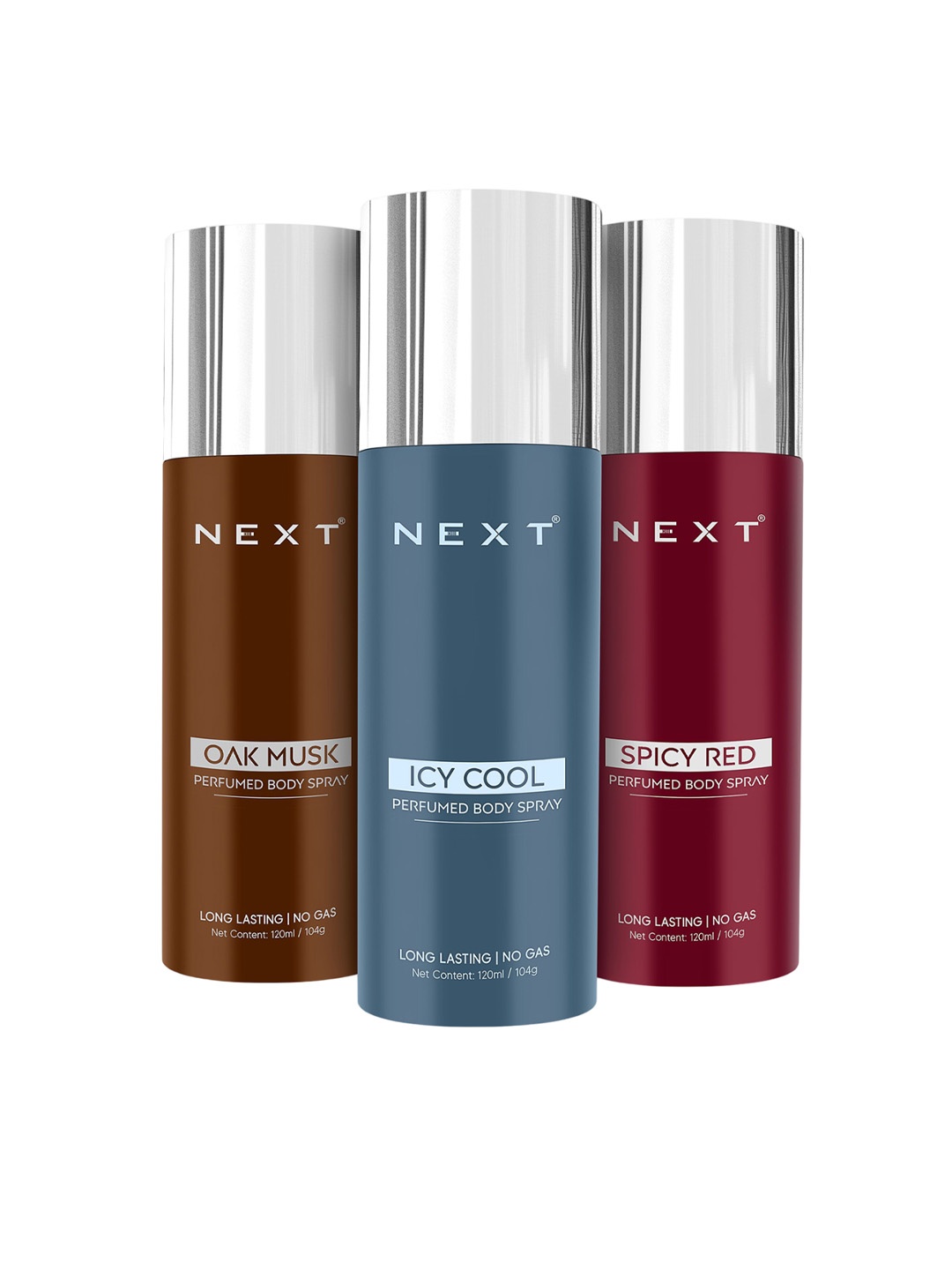 

NEXT CARE 3 Pcs Oak Musk Spicy Red & Icy Cool Long Lasting Perfumed Body Spray -120ml Each, Multi