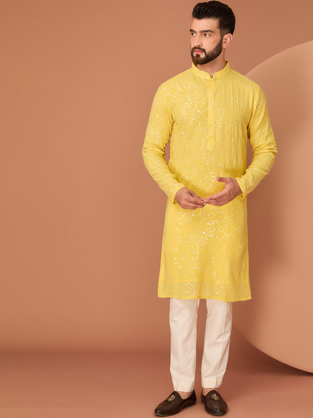 

KASBAH CLOTHING NISHCHAIY SAJDEH Floral Embroidered Sequinned Straight Kurta, Yellow