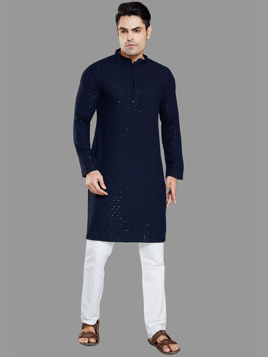 

DIVISIVE Ethnic Motifs Embroidered Mandarin Collar Sequinned Straight Kurta, Blue