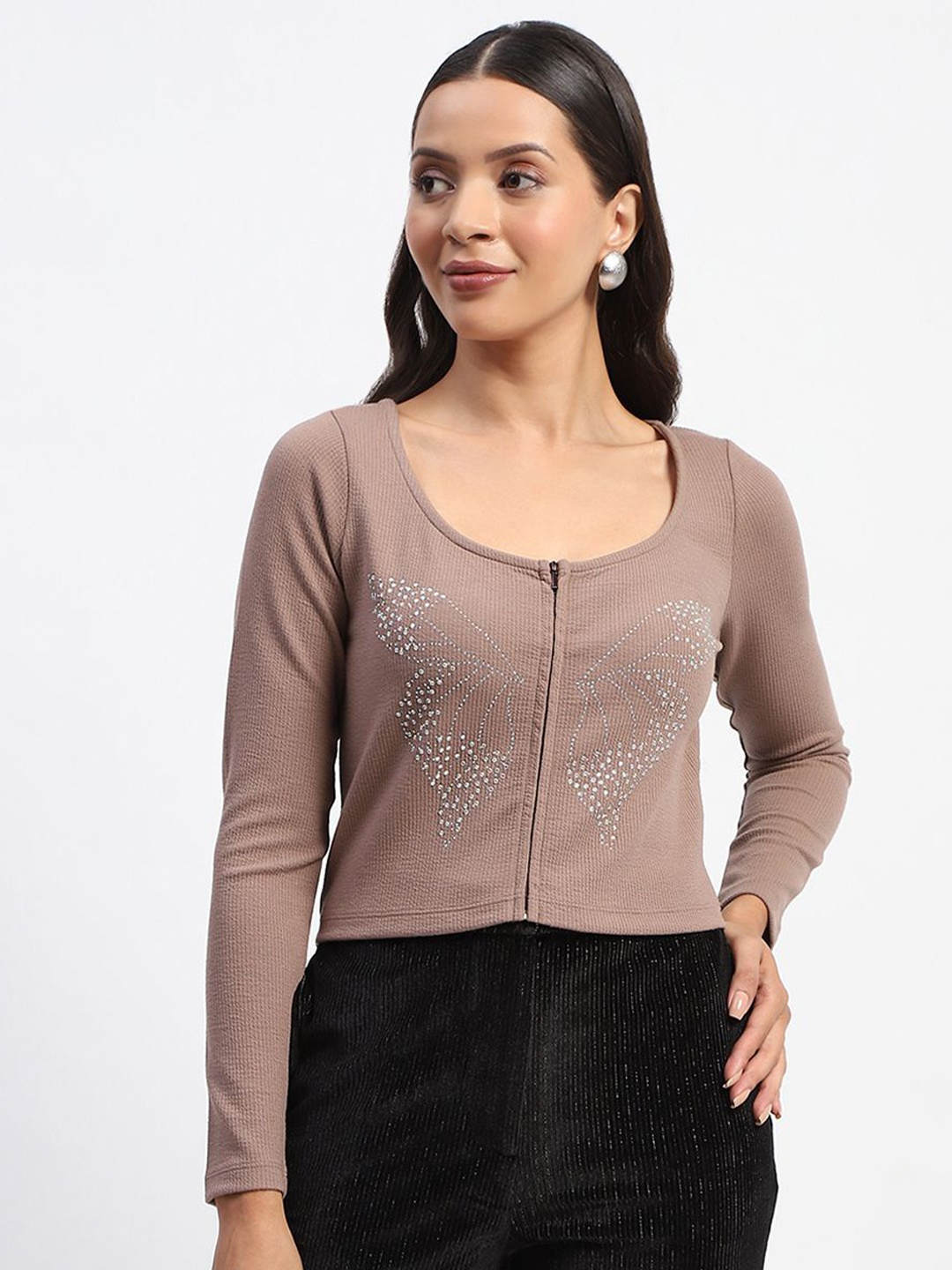 

Madame Women Shimmer Embellished Scoop Neck Top, Brown