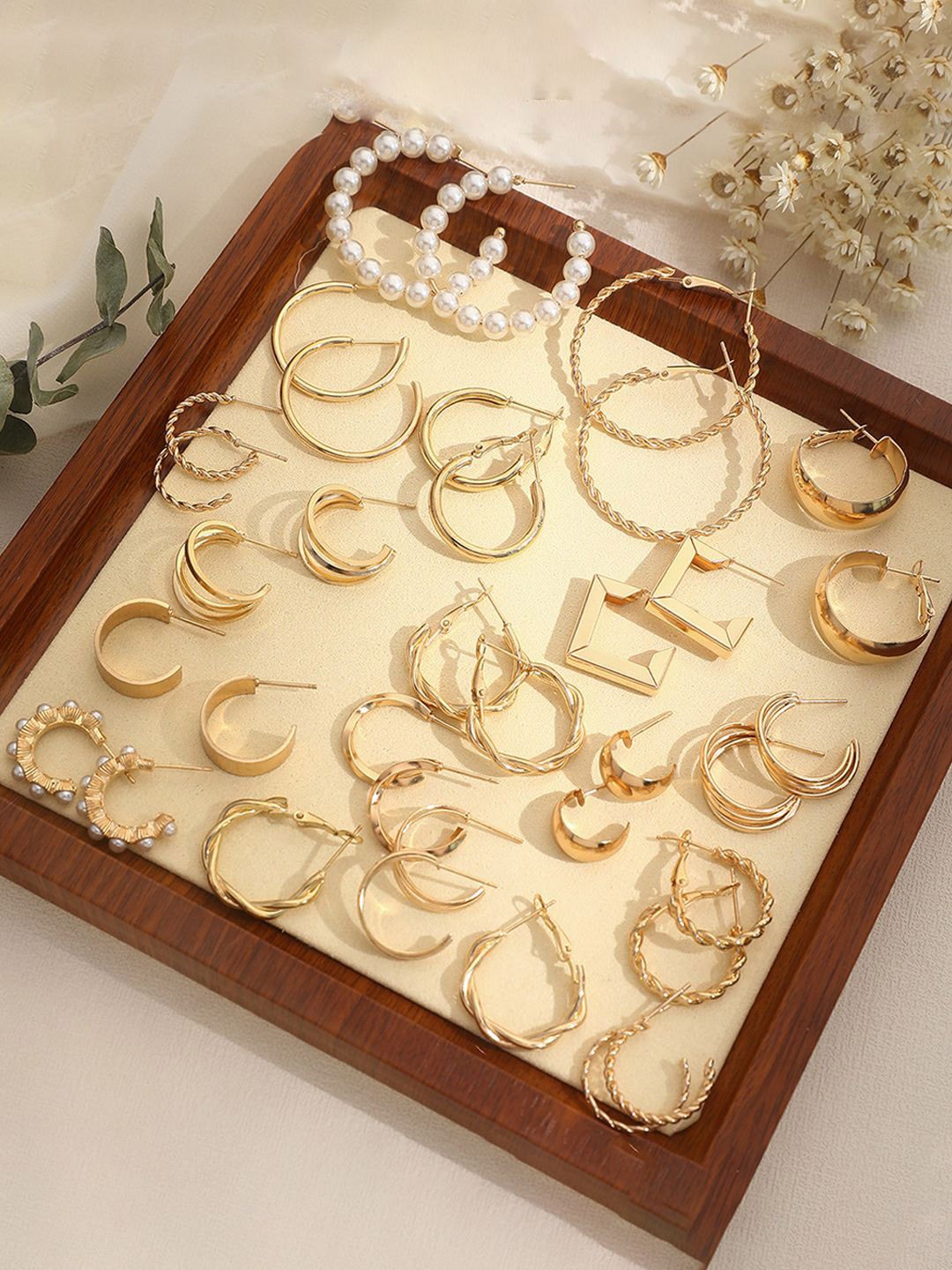 

Jewels Galaxy Set Of 18 Gold Plated Pearl Beaded Contemporary Half Hoop Earrings