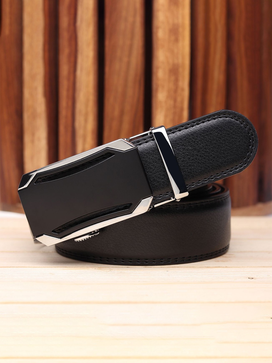 

WINSOME DEAL Men Slider Buckle Closure Textured Formal Belt, Black