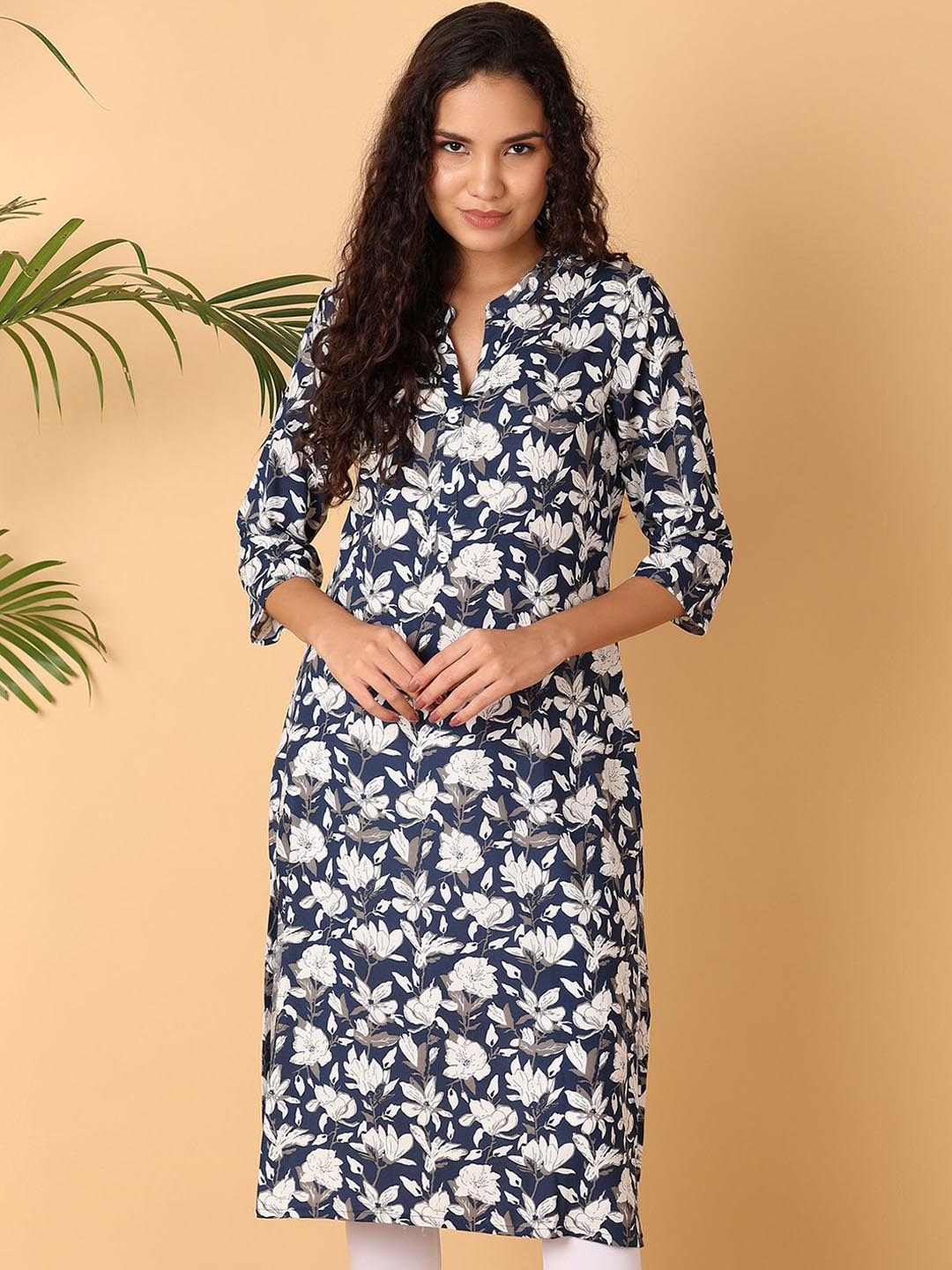 

UNLIMITED Mandarin Collar Printed Straight Straight Kurta, Blue