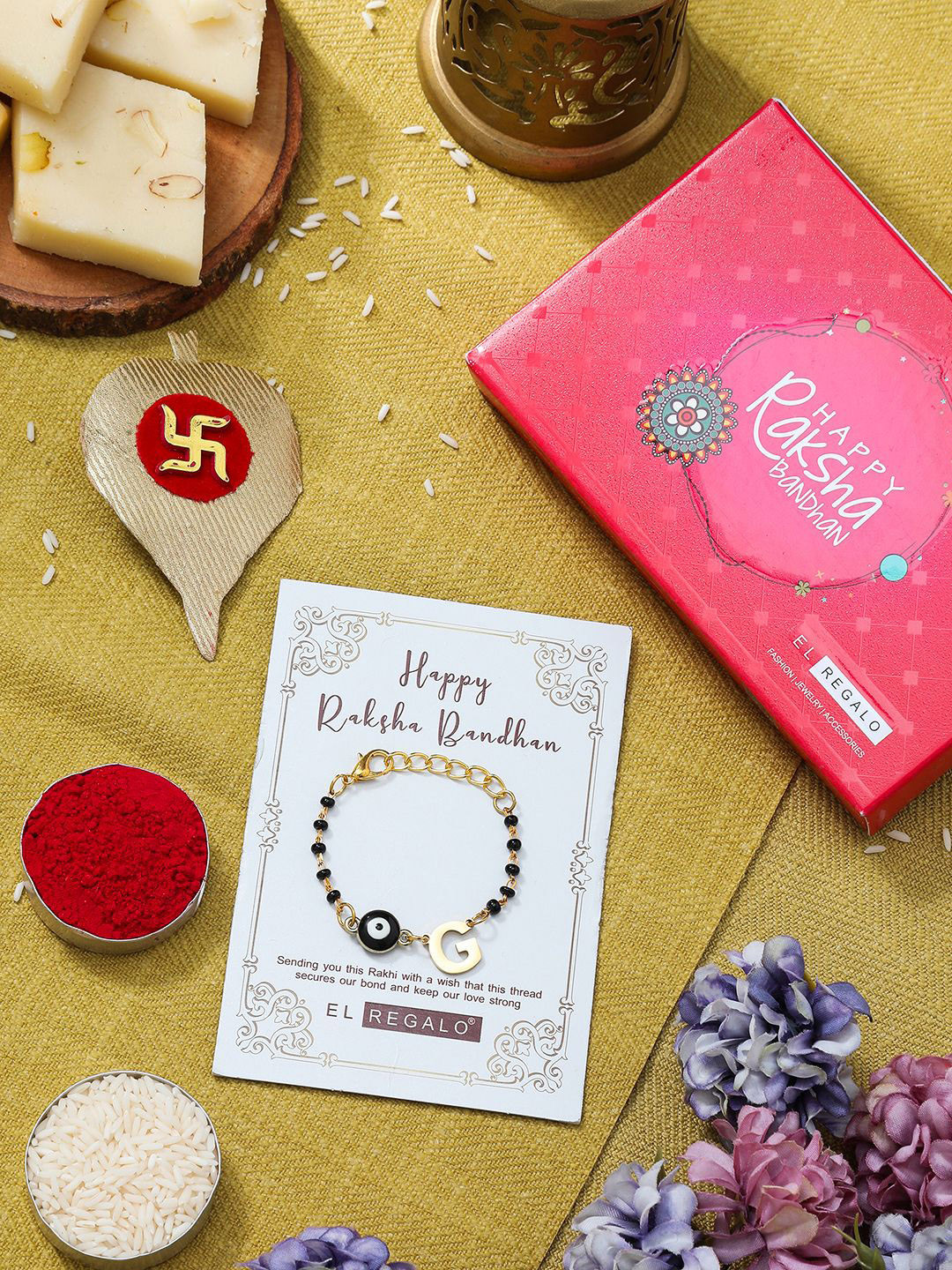 

EL REGALO Rakhi With Roli Chawal & Card, Gold