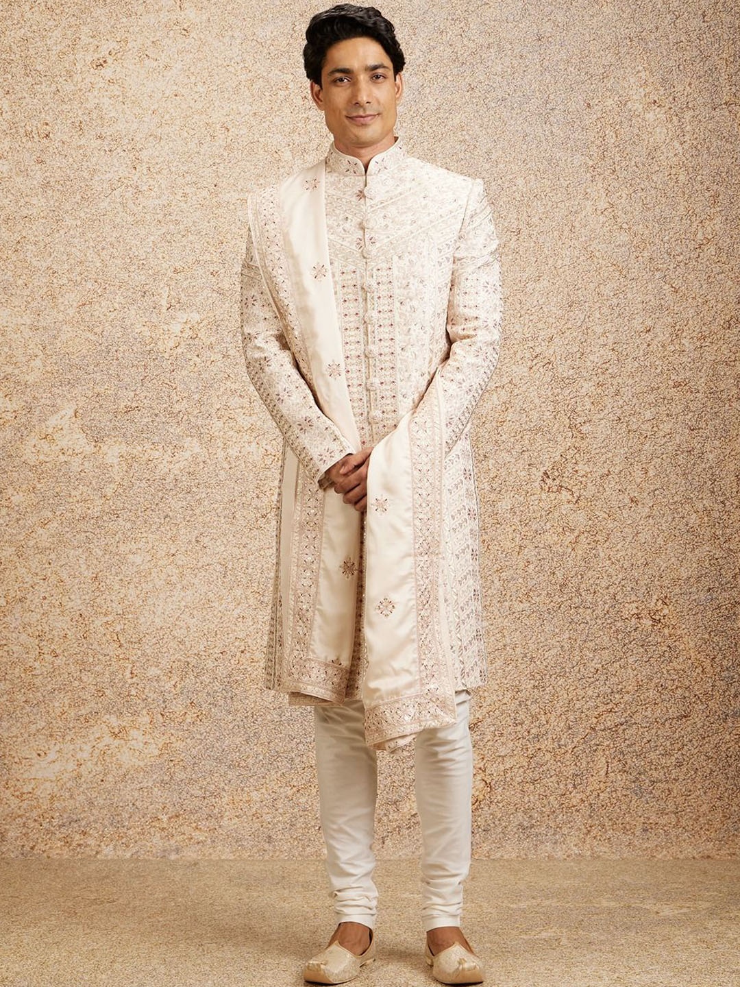 

Twamev Embroidered Mandarin Collar Satin Sherwani Set, Cream