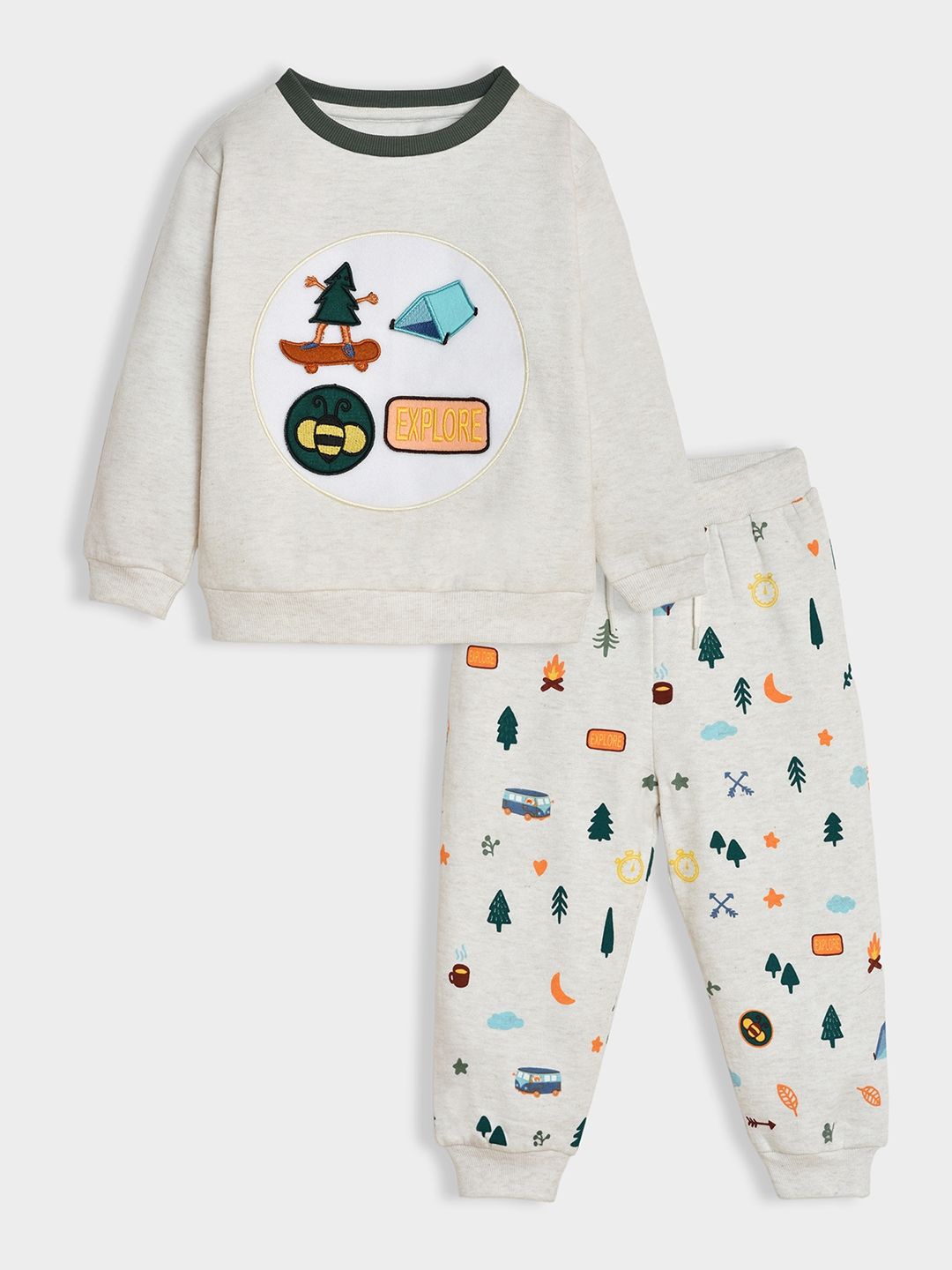 

MiArcus Kids Embellished Patch Work Sweatshirt & Printed Jogger Set, Off white