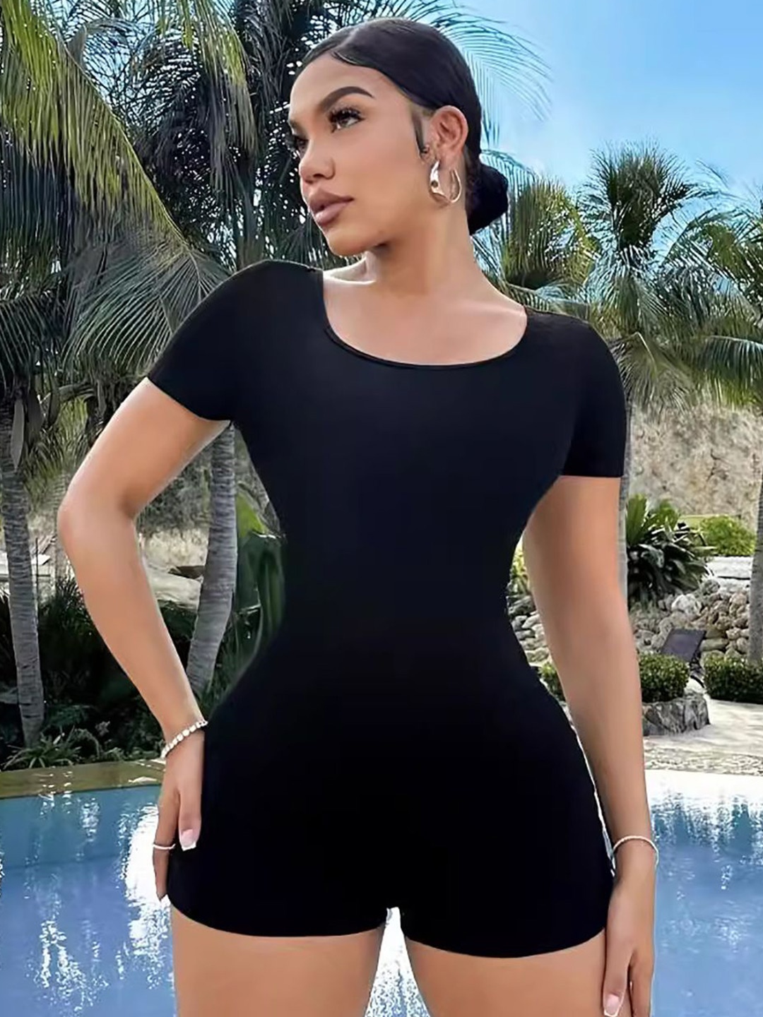 

StyleCast x Revolte Round Neck Short Sleeve Playsuit, Black