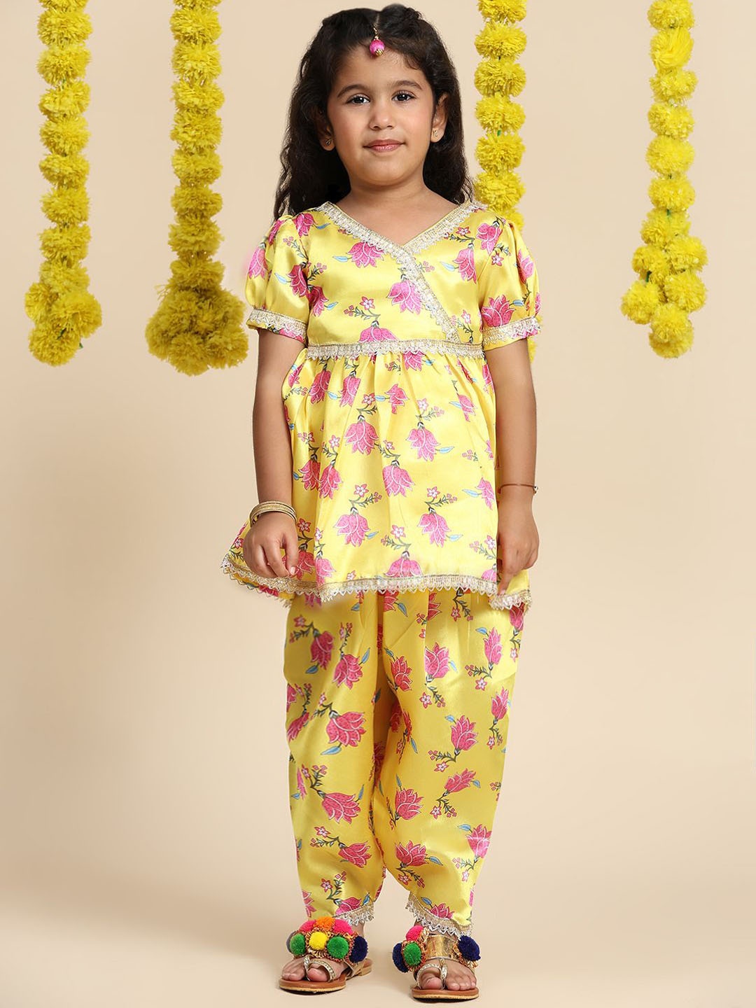 

Cutiekins Girls Floral Printed Angrakha Gotta Patti A-Line Kurta with Dhoti Pants, Yellow