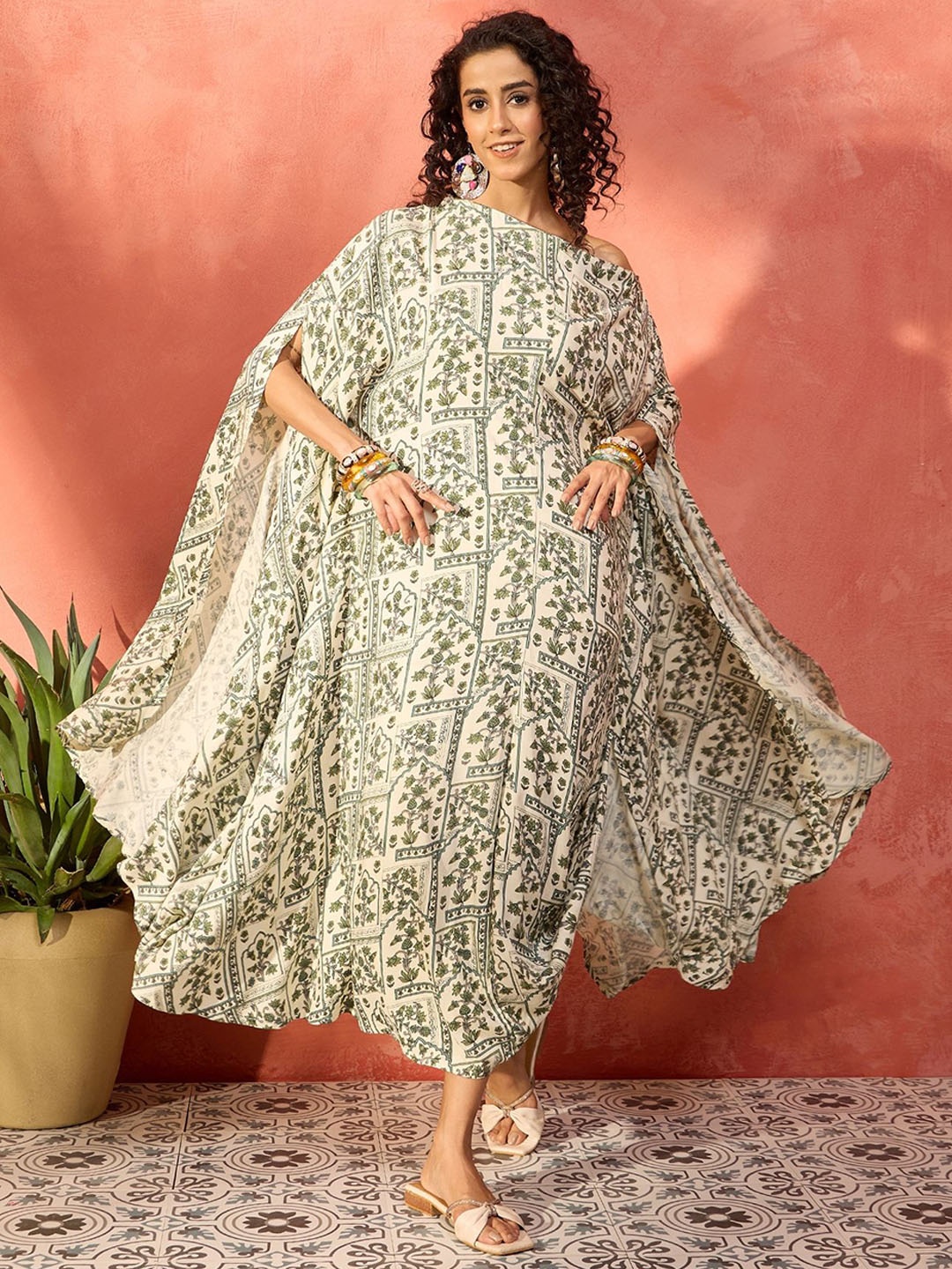 

InWeave Tropical Printed Maxi-Length Kaftan Ethnic Dresses, Sea green