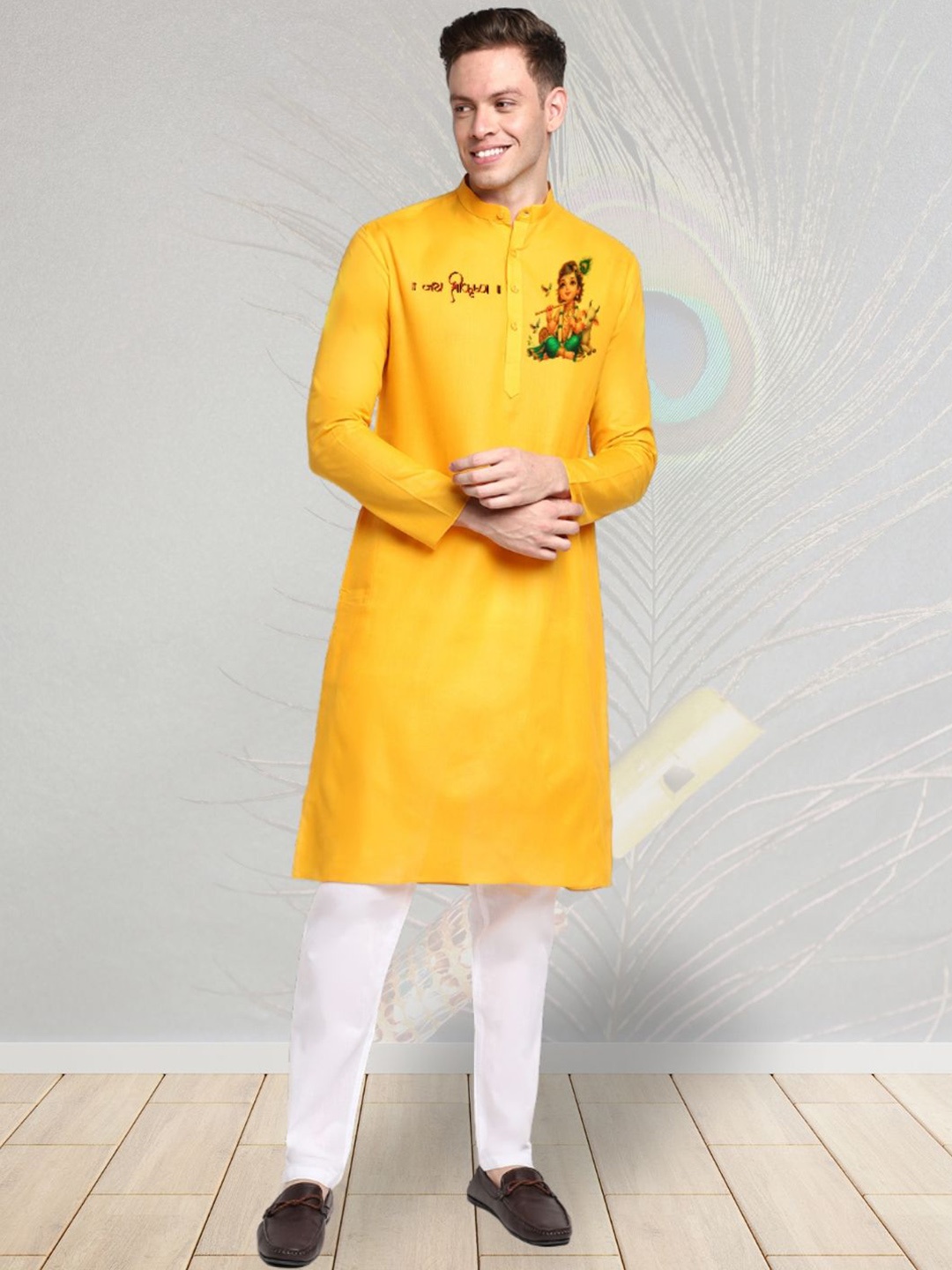 

DEVOILER Ethnic Motifs Digital Printed Mandarin Collar Cotton Straight Kurta, Yellow