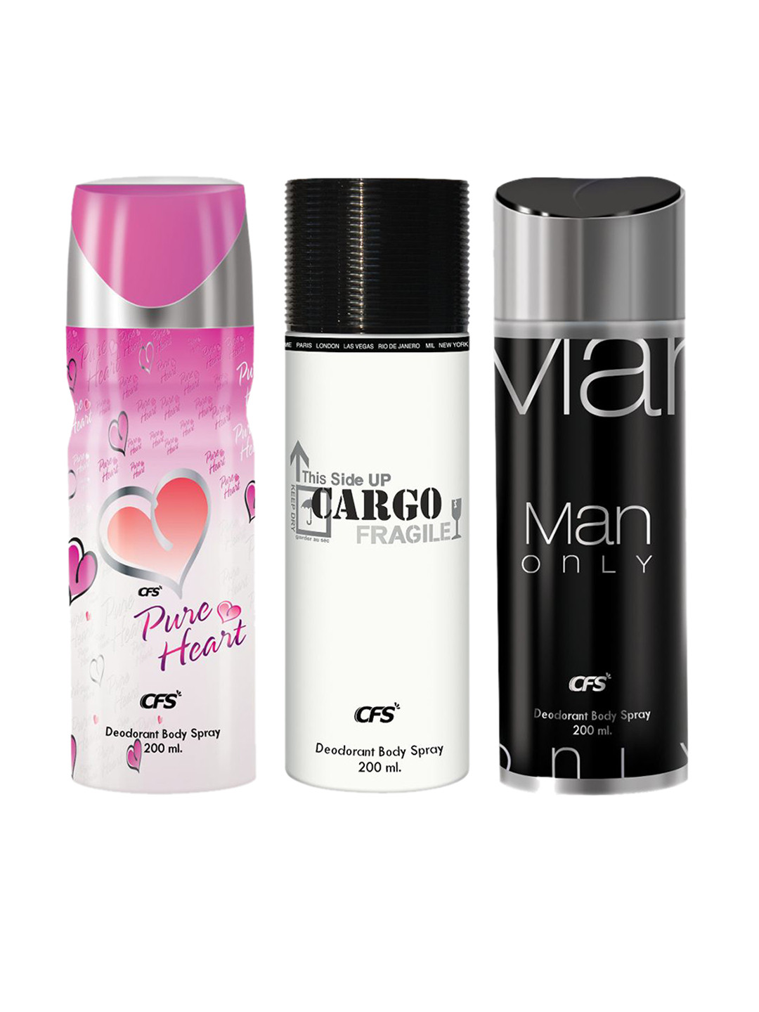 

CFS Set Of 3 Pure Heart Cargo Fragile Man Only Long Lasting Deodorant Spray - 200ml Each, White