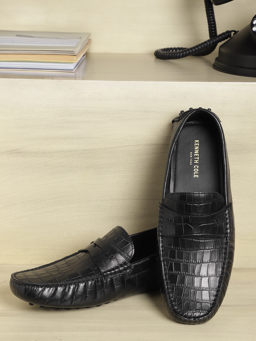 

Kenneth Cole Men Leather Croc Textured Driving Shoes, Black
