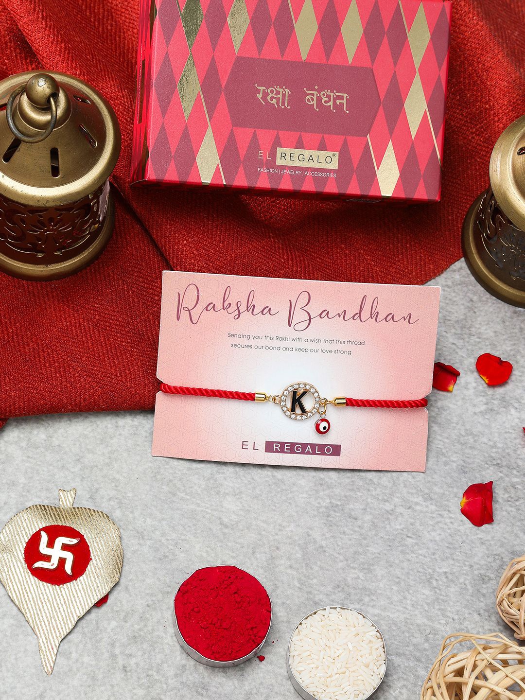 

EL REGALO K Letter Charm Rakhi Gift Set, Red