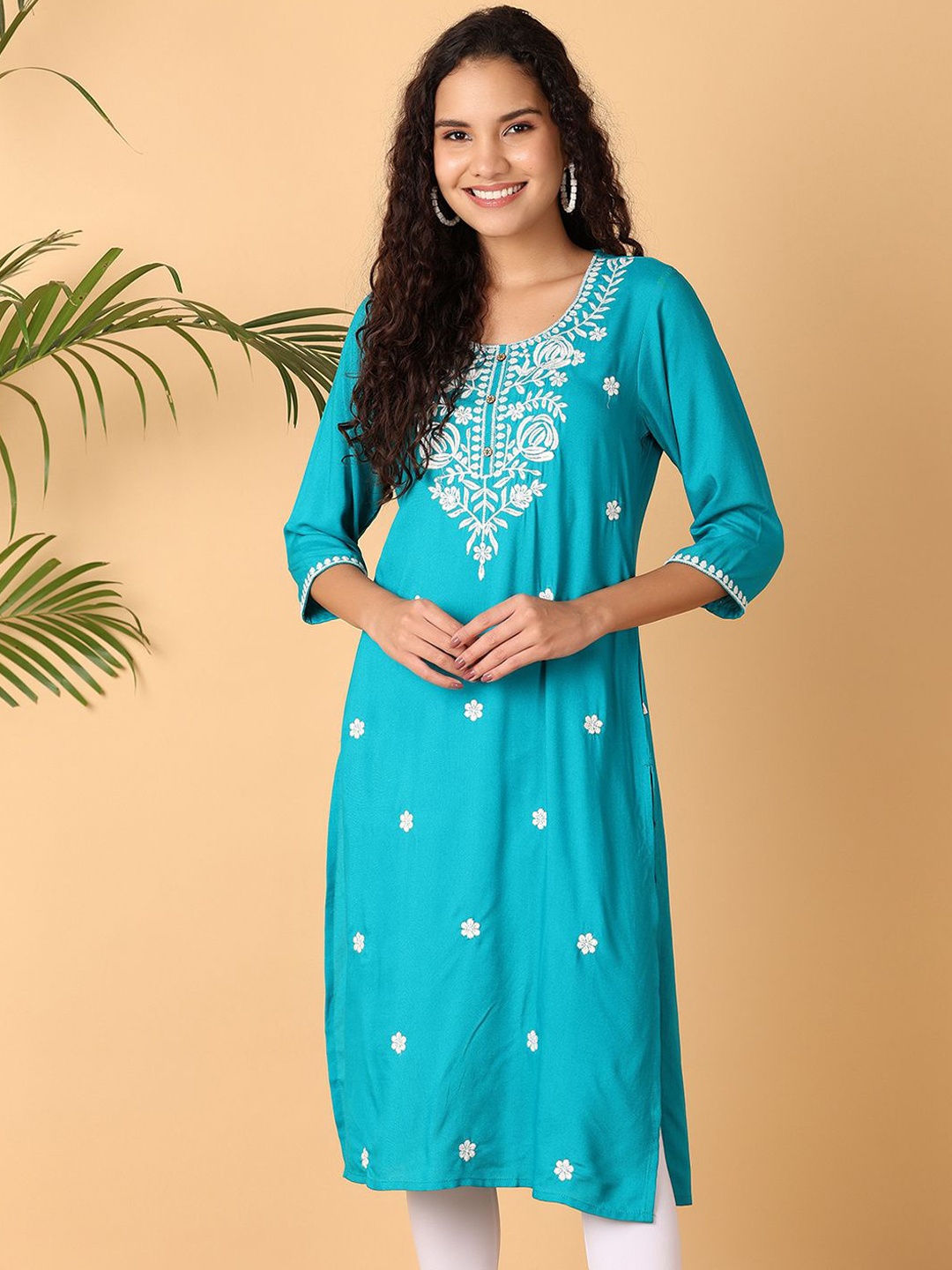 

UNLIMITED Ethnic Motifs Embroidered Thread Work Straight Kurta, Turquoise blue