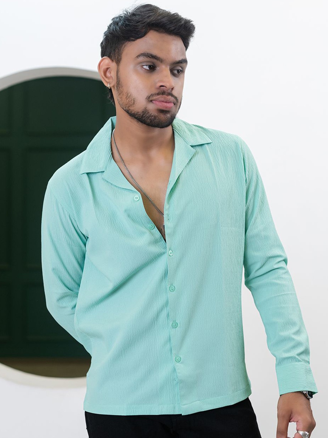 

Tistabene Men Original Cuban Collar Self Design Casual Shirt, Green