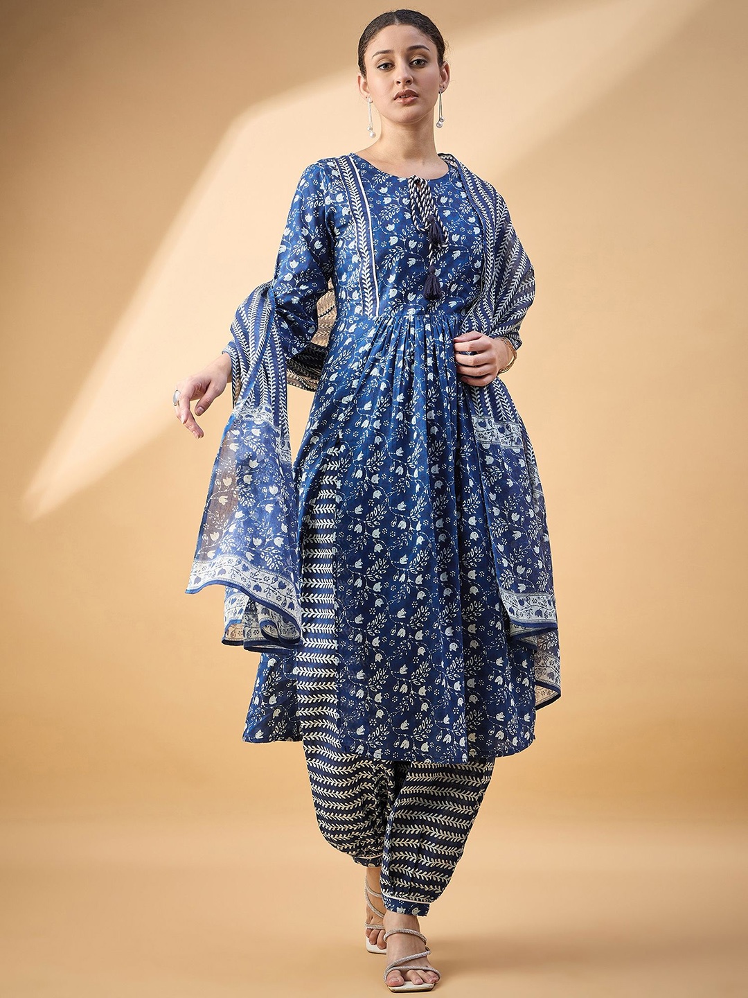 

all about you Floral Printed Empire Pure Cotton Anarkali Kurta With Salwar & Dupatta, Navy blue