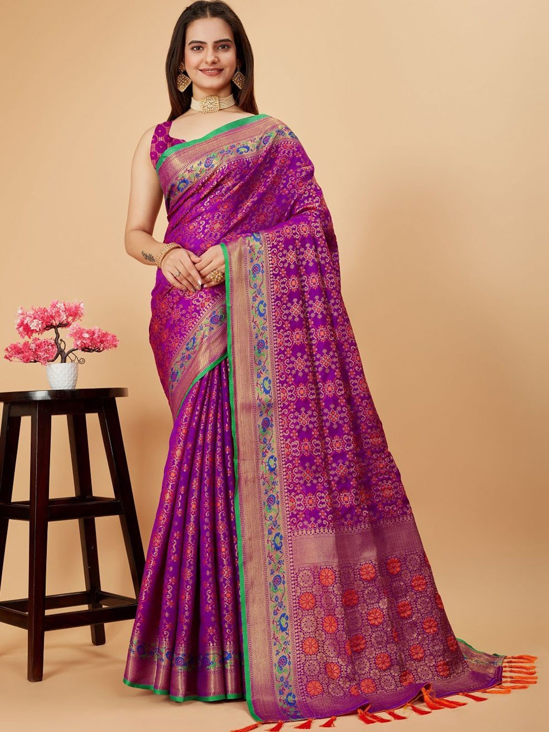 

SHOBHA SAREES Woven Design Zari Pure Silk Patola Saree, Purple