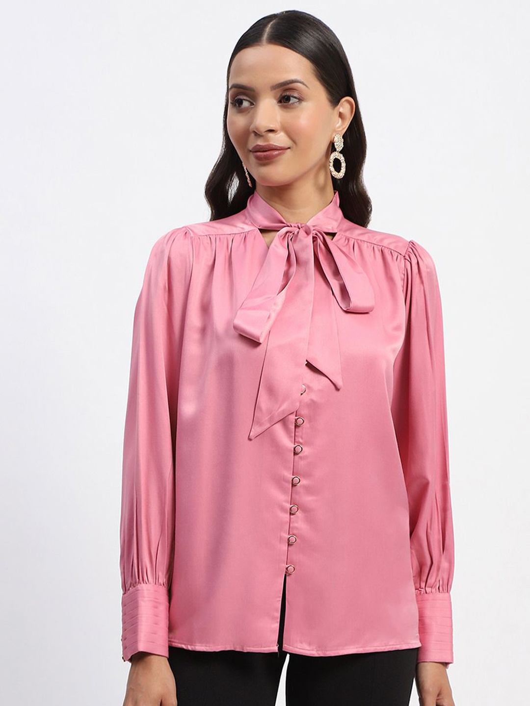 

Madame Women Solid Tie-Up Neck Top, Pink