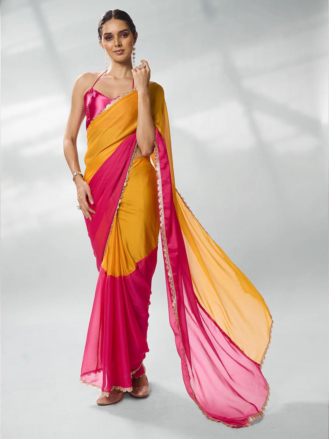 

Mitera Colourblocked Sequinned Pure Chiffon Saree, Pink