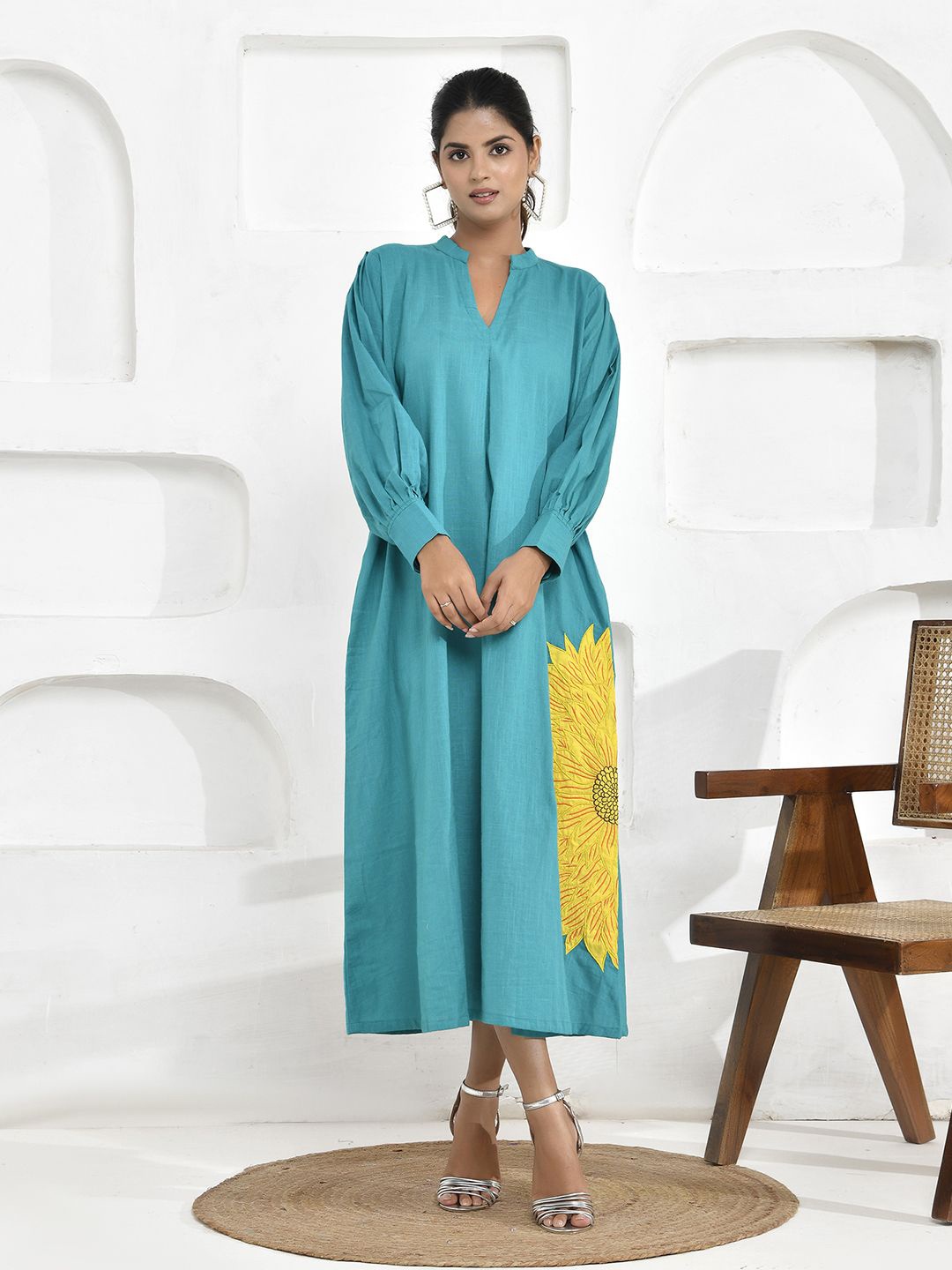 

THE SAFFRON SAGA Embroidery A-Line Shirt Midi Dress, Blue