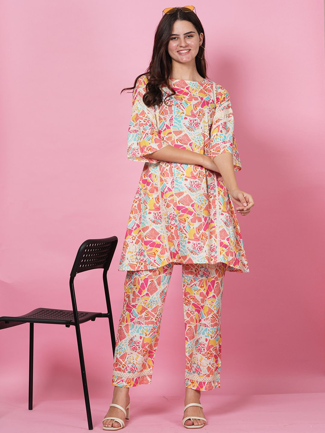

LABEL KRISHA Printed Cotton Tunic With Trouser Co-Ord Set, White