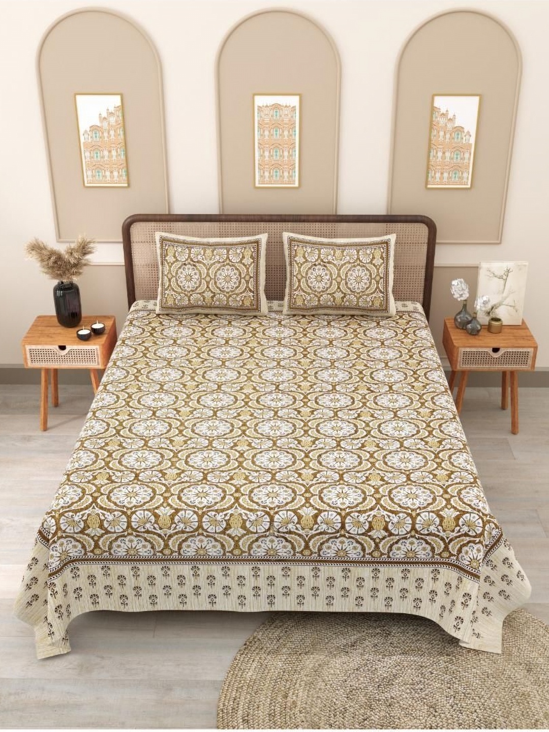 

Block Print Story Beige & White Floral 210 TC Queen Bedsheet with 2 Pillow Covers