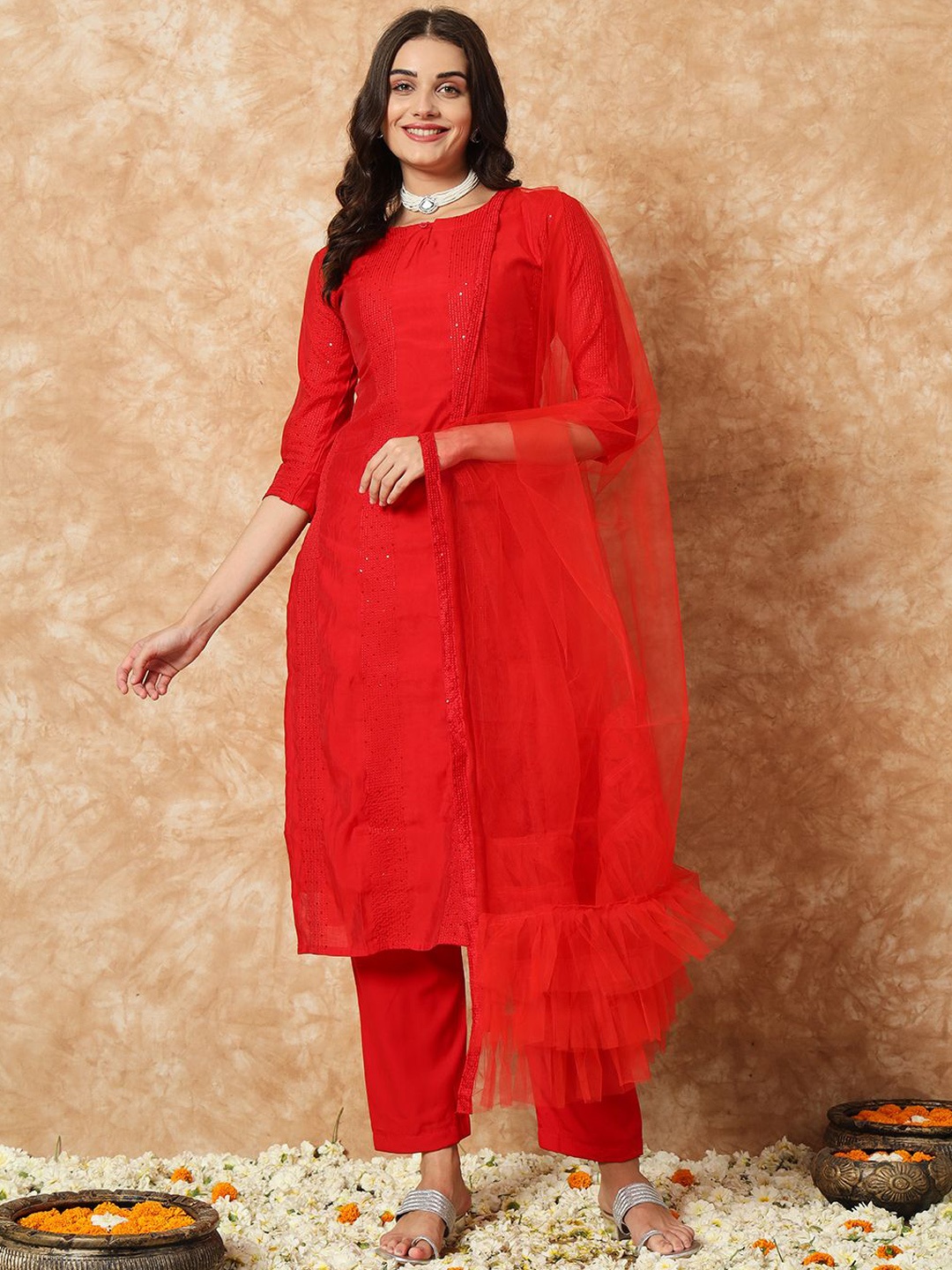 

YOYO Fashion Striped Embroidered Sequinned Keyhole Neck Kurta with Trousers & Dupatta, Red