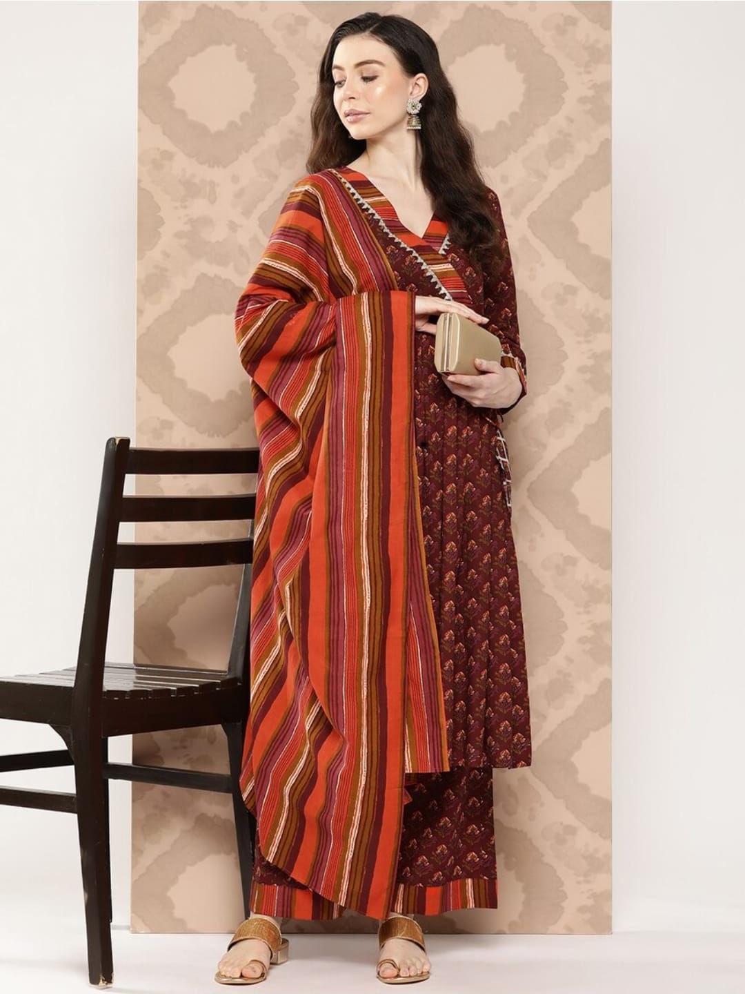 

KALINI Floral Printed V-Neck Gotta Patti Cotton Angrakha Anarkali Kurta With Dupatta, Coffee brown