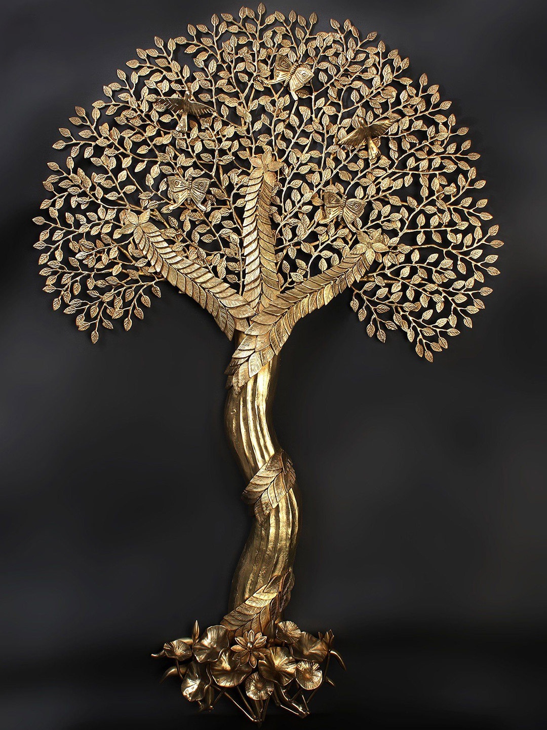 

Exotic India 53" Large Tree of Life Wall Mounted with Birds (Wall Hanging), Gold