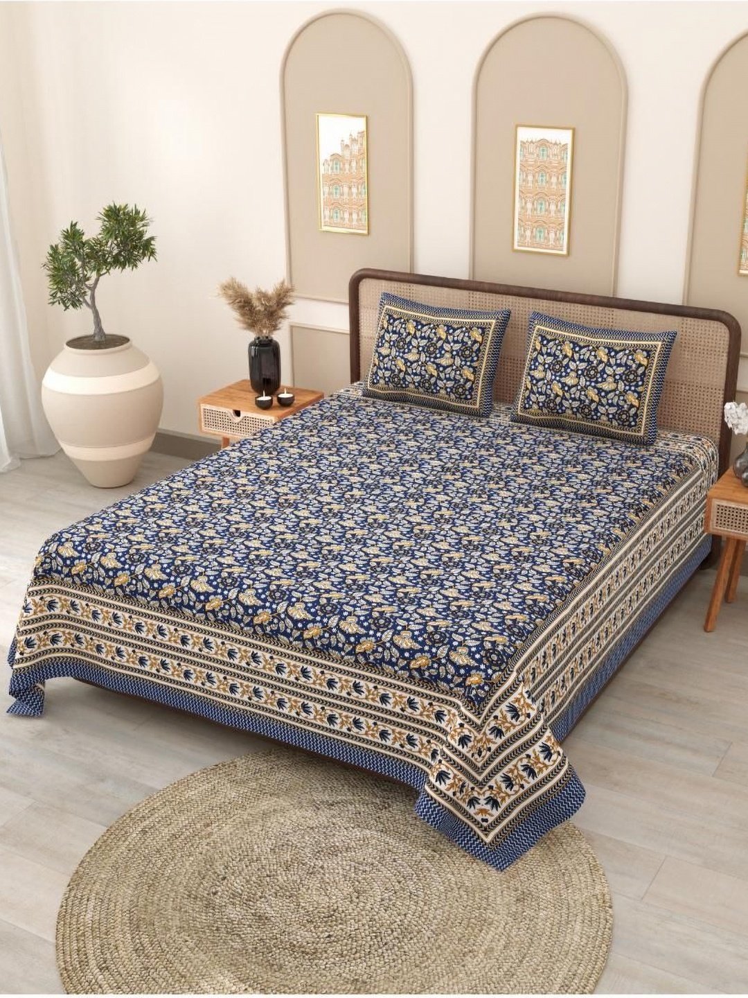 

Block Print Story Blue & Yellow Floral 210 TC Queen Bedsheet with 2 Pillow Covers