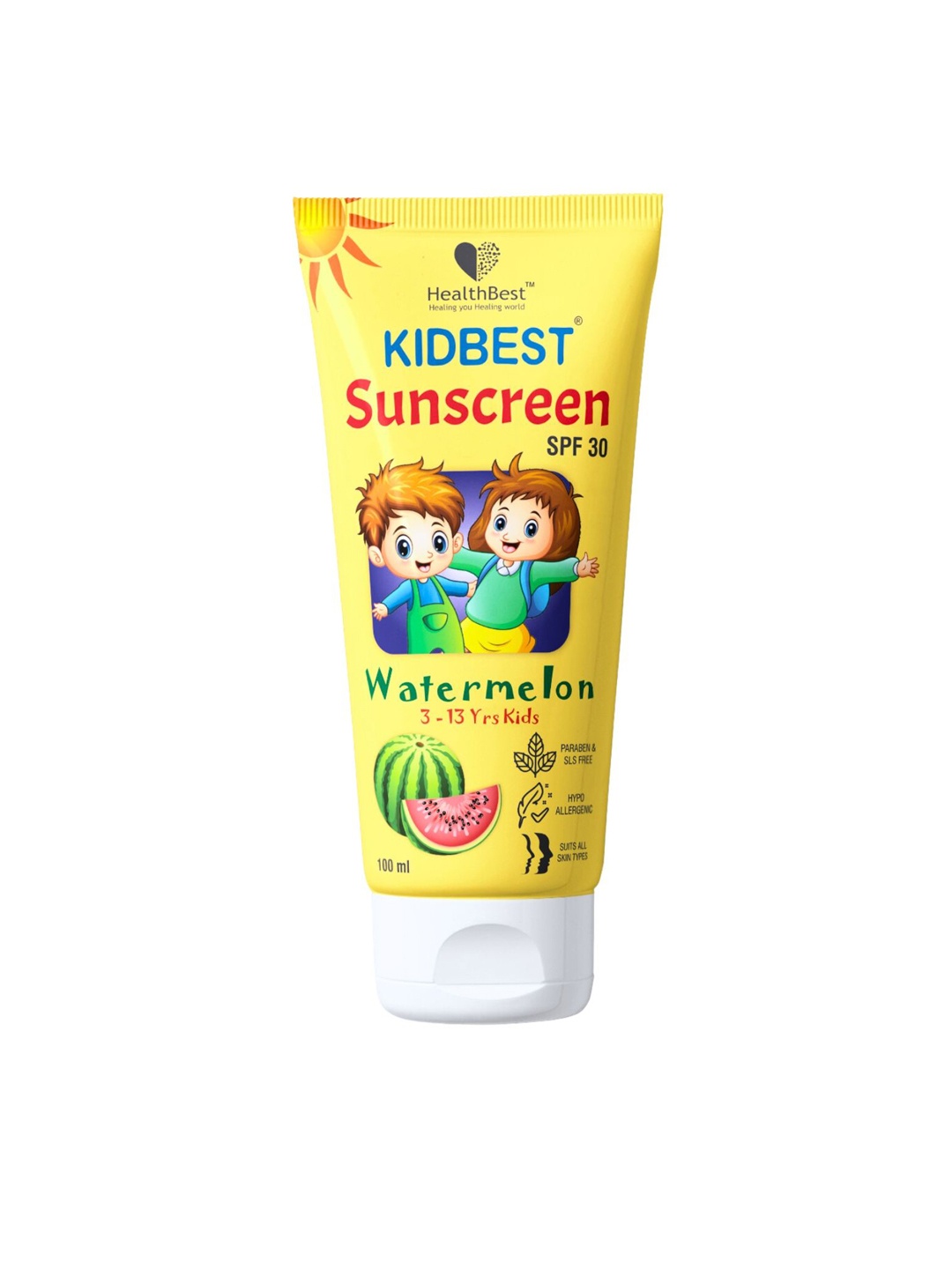 

HealthBest Watermelon Flavored SPF30 PA+++ Non-Greasy Kids Sunscreen-100ml, White