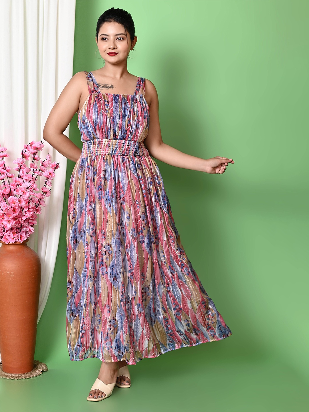 

BAESD Floral Printed Chiffon Fit and Flare Maxi Dress, Pink