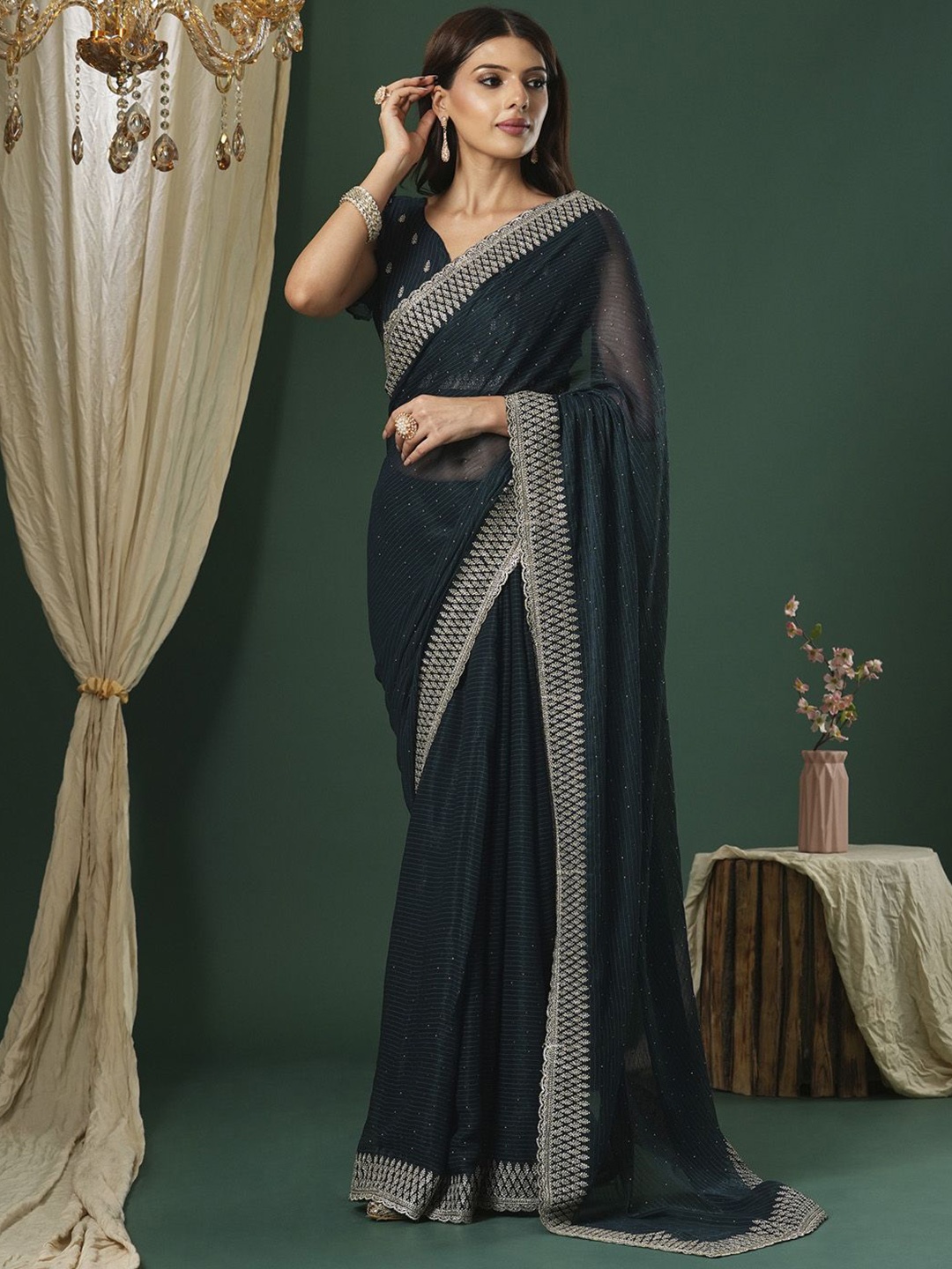 

Saree mall Embellished Beads and Stones Poly Georgette Sarees, Teal