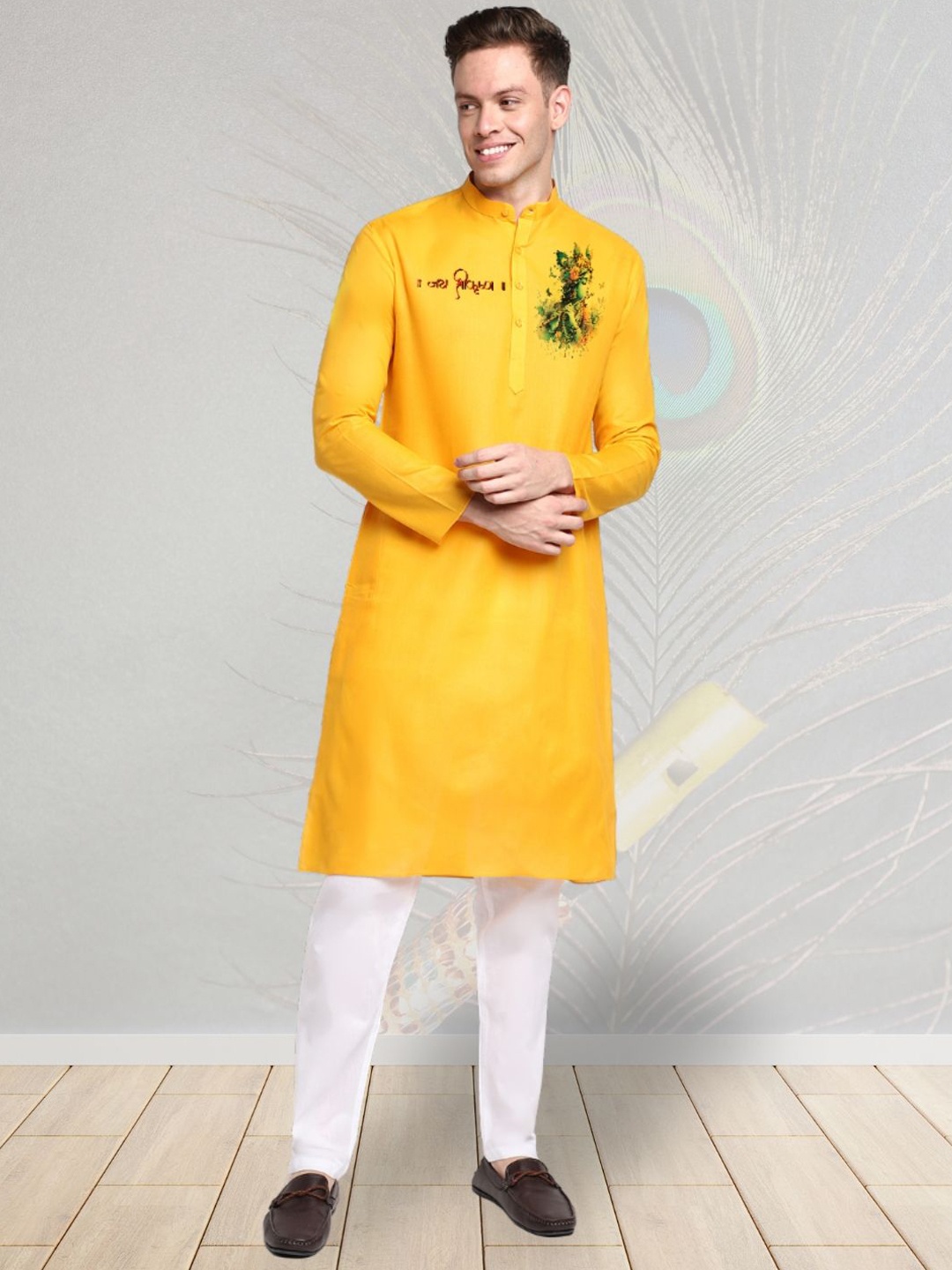 

DEVOILER Ethnic Motifs Digital Printed Mandarin Collar Cotton Straight Kurta, Yellow