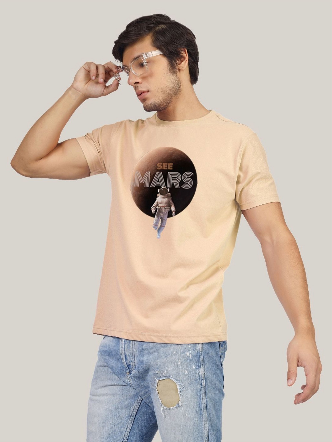 

Greylongg Men Graphic Printed Round Neck Cotton T-Shirt, Beige