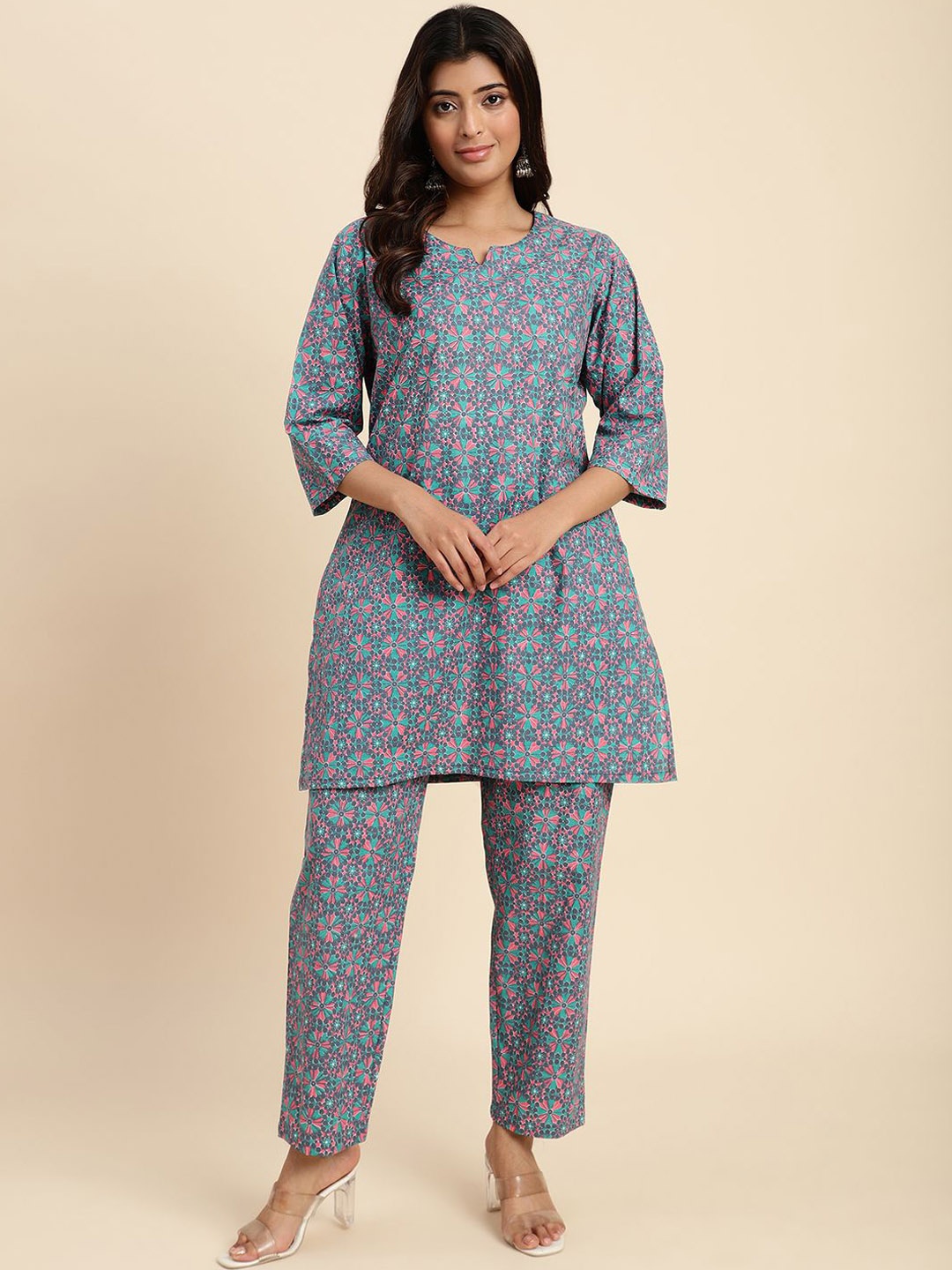 

V TRADITION Floral Printed Pure Cotton Kurta with Trouser, Blue