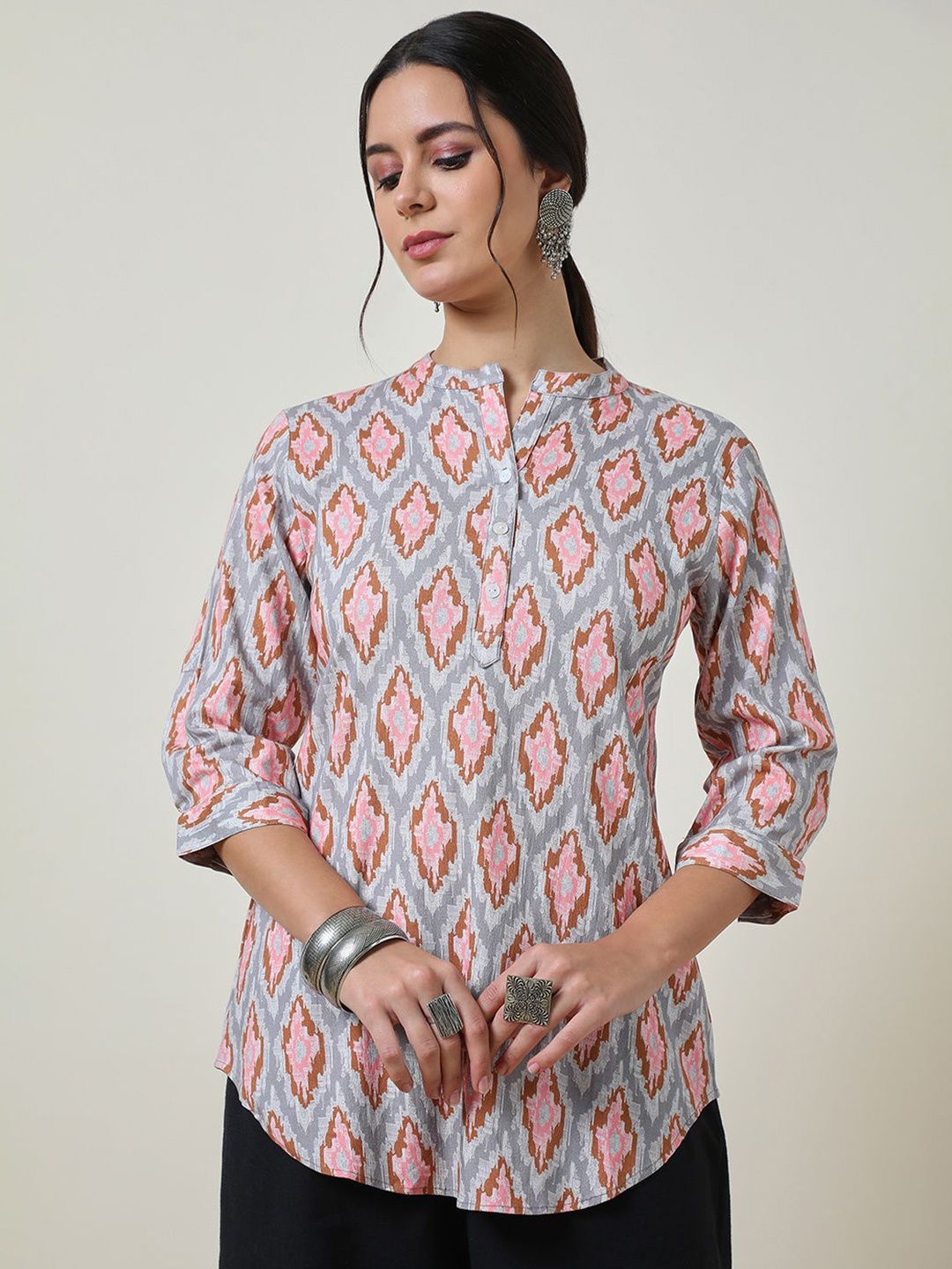 

Soch Mandarin Collar Printed Tunic, Grey