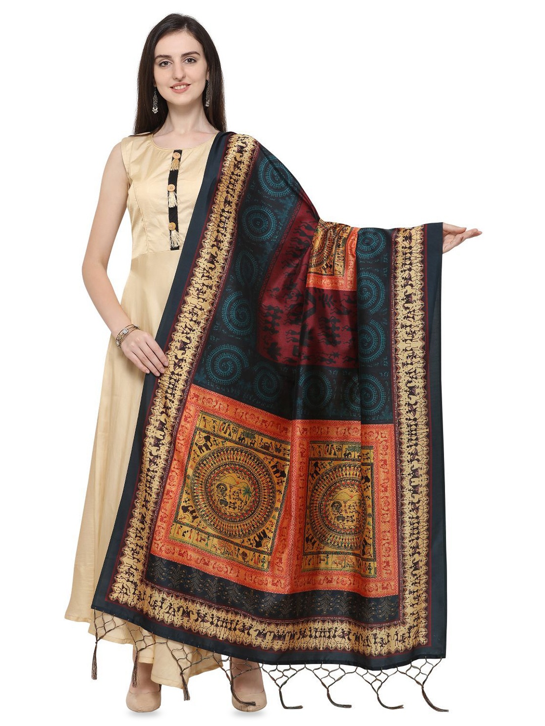 

Kaizen TEXO FAB Ethnic Motifs Printed Assam Silk Tasselled Dupatta, Black