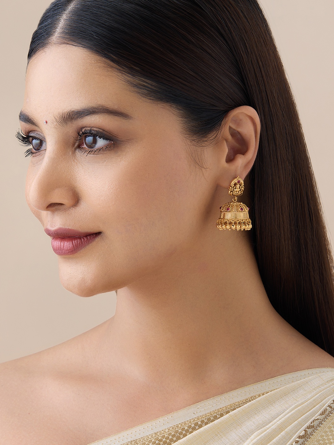 

Kushal's Fashion Jewellery Gold-Plated Stone Studded Temple Classic Jhumkas