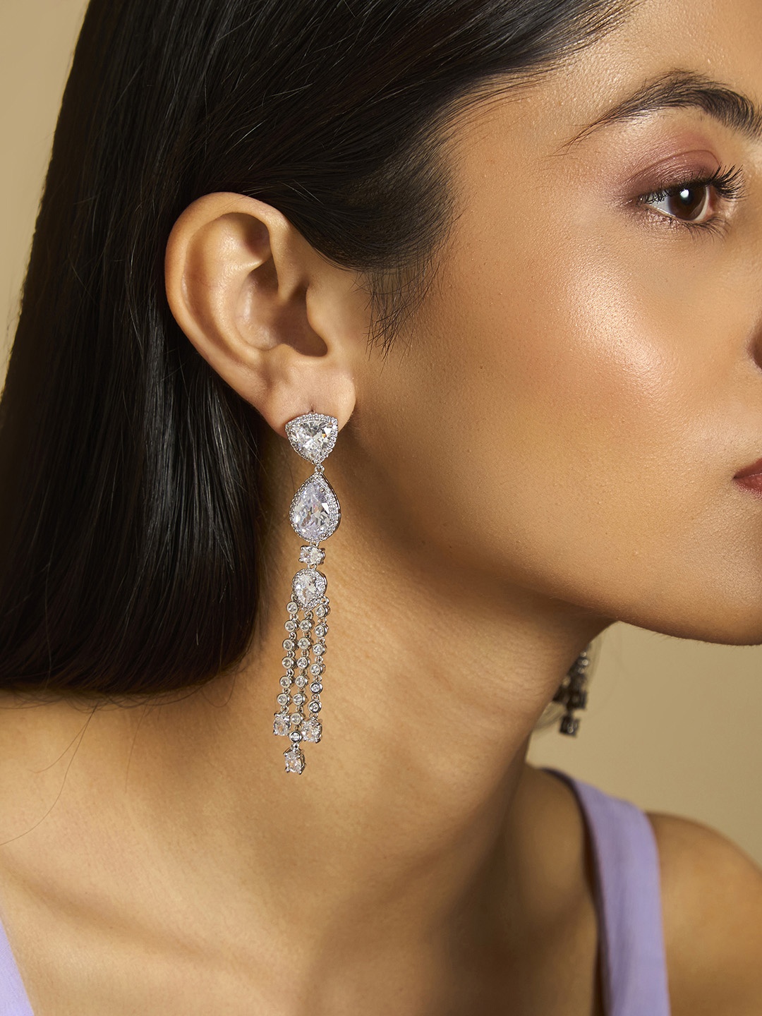 

Kushal's Fashion Jewellery Rhodium Plated Cubic Zirconia Teardrop Shaped Drop Earrings, Silver