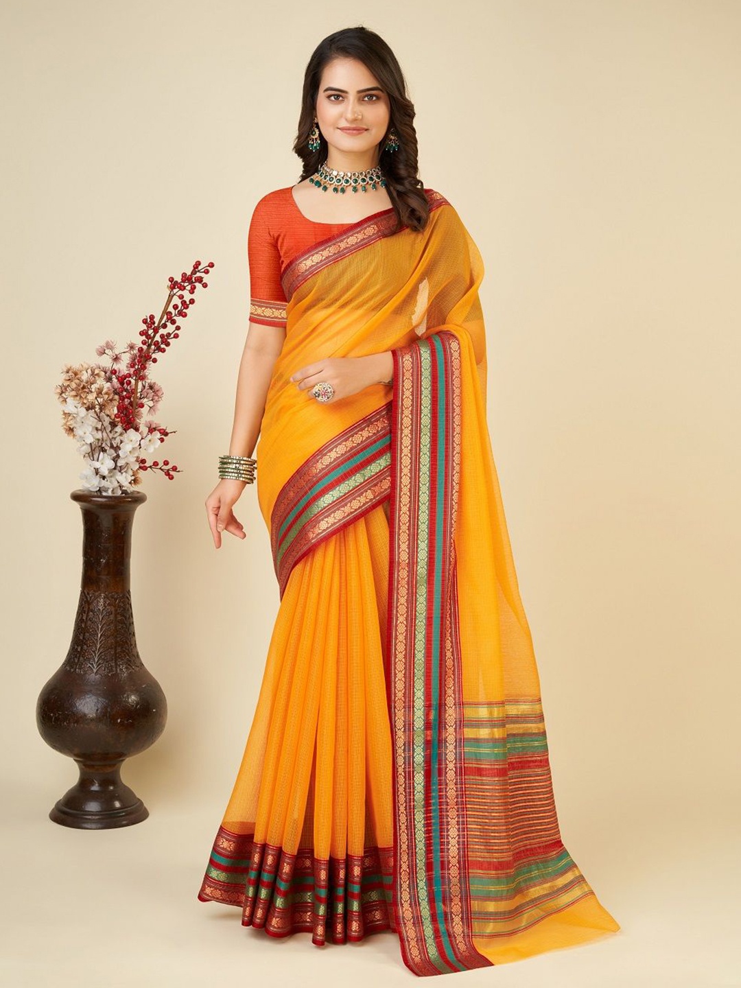 

SHOBHA SAREES Woven Design Zari Kota Saree, Orange