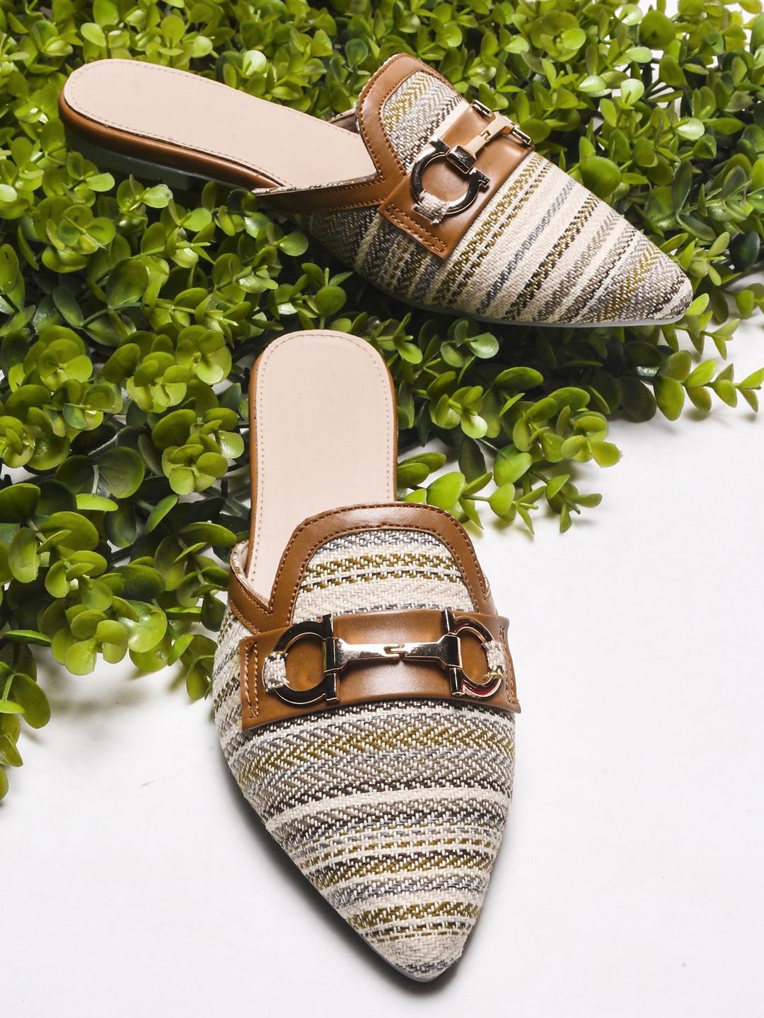 

Try Me Women Striped Ethnic Mules with Buckles Flats, Tan