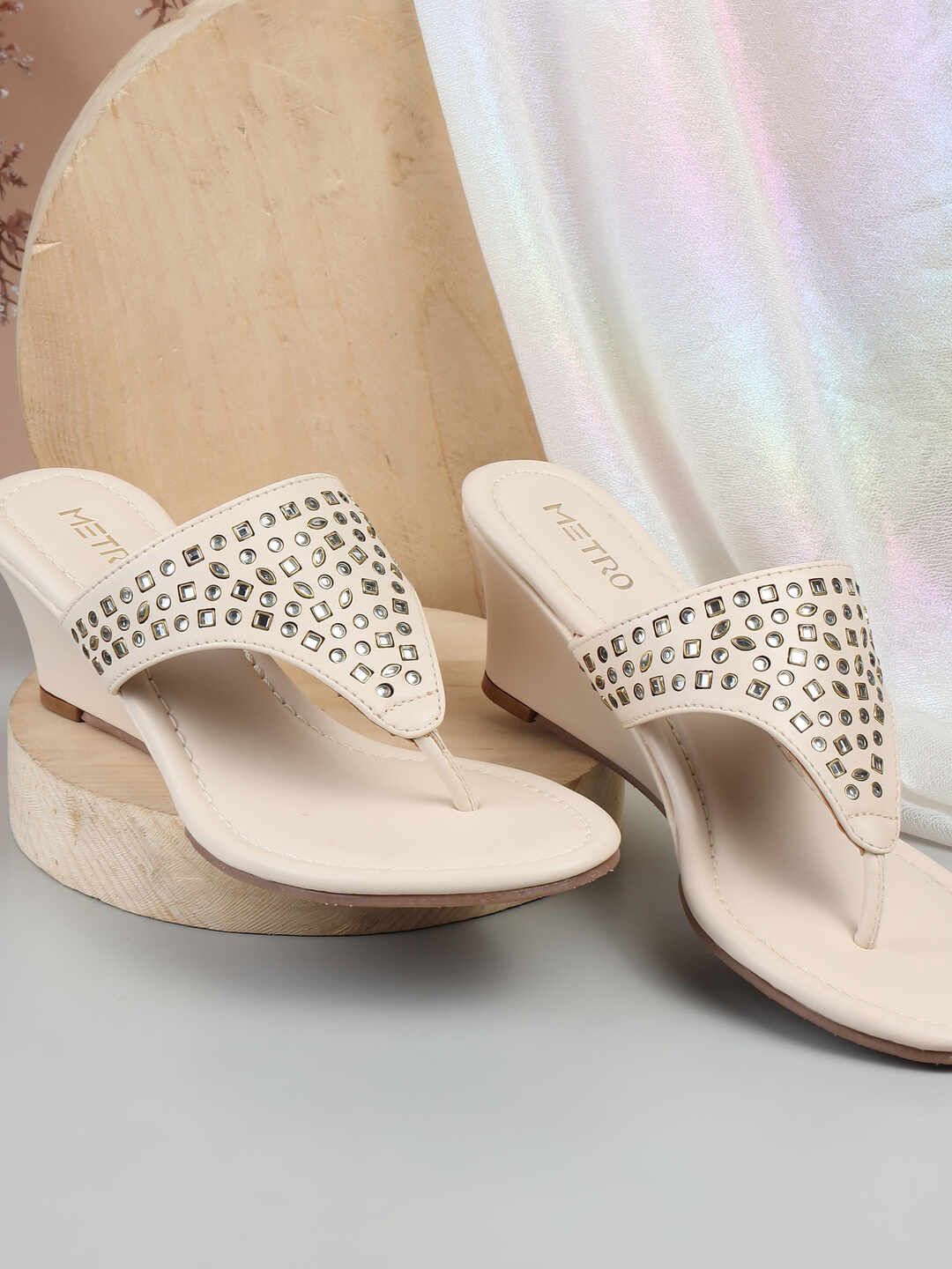 

Metro Embellished Wedge Sandals with Laser Cuts, Beige